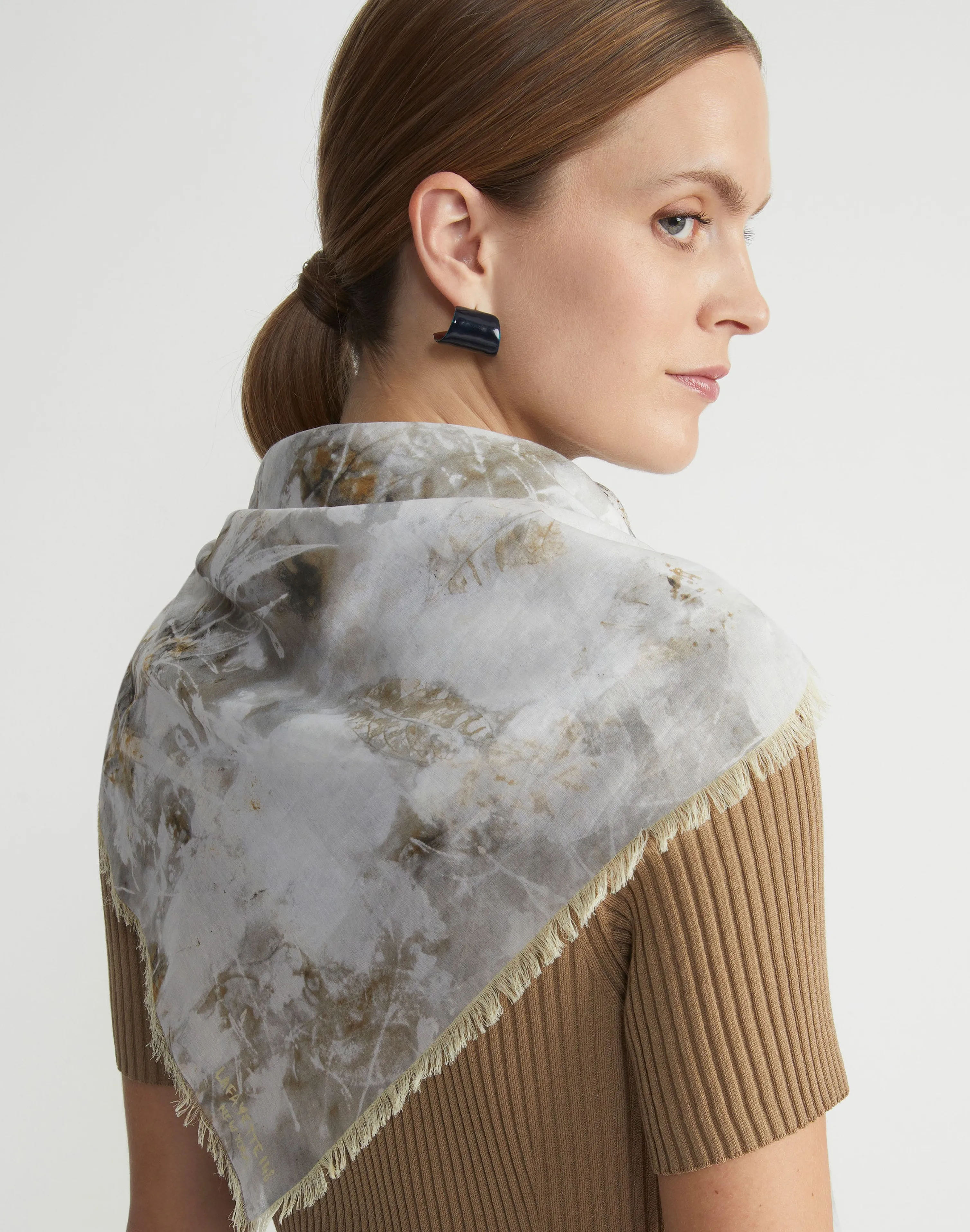 Eco Leaves Print Cotton-Silk Scarf