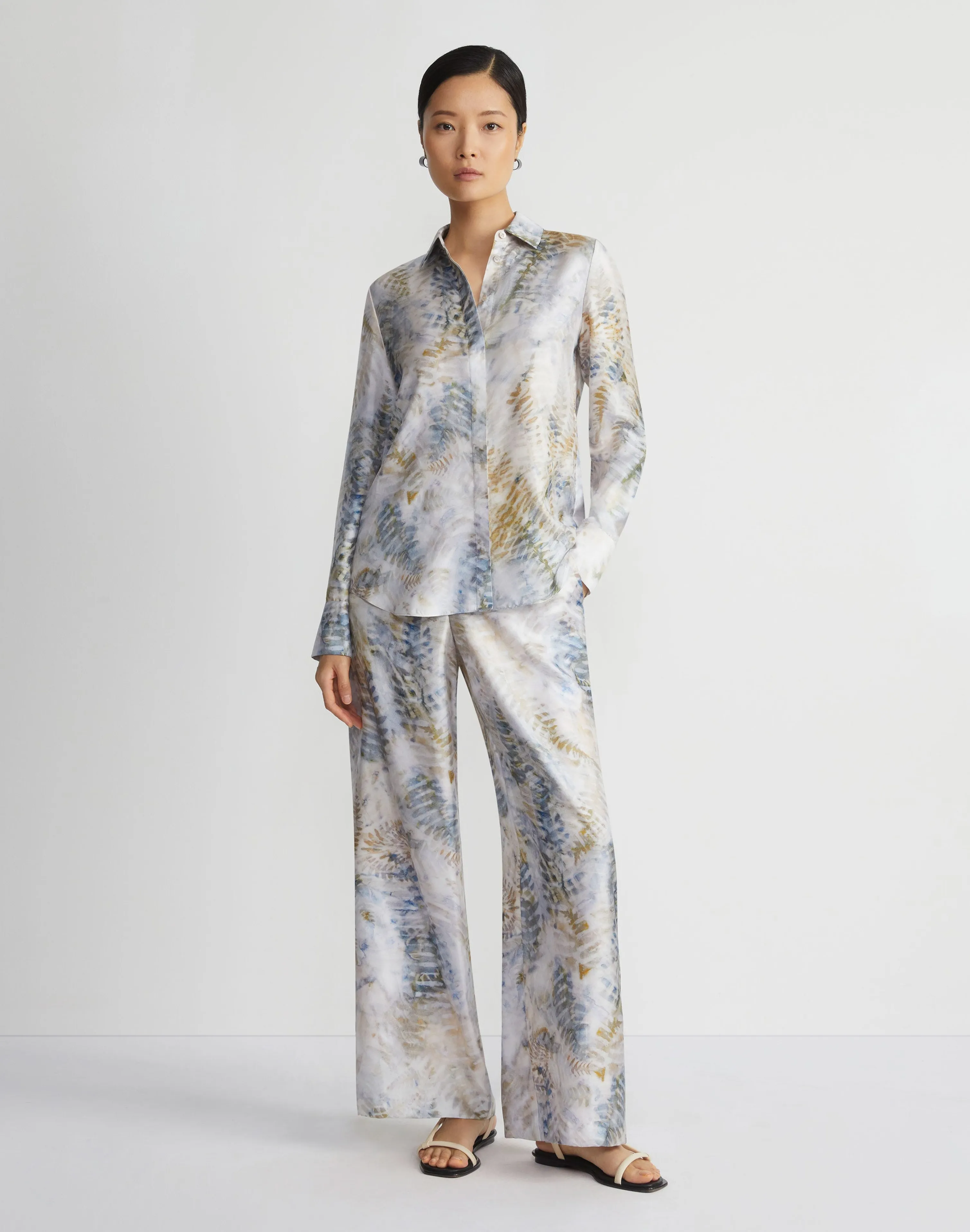 Eco Fern Print Silk Twill Buttoned Blouse