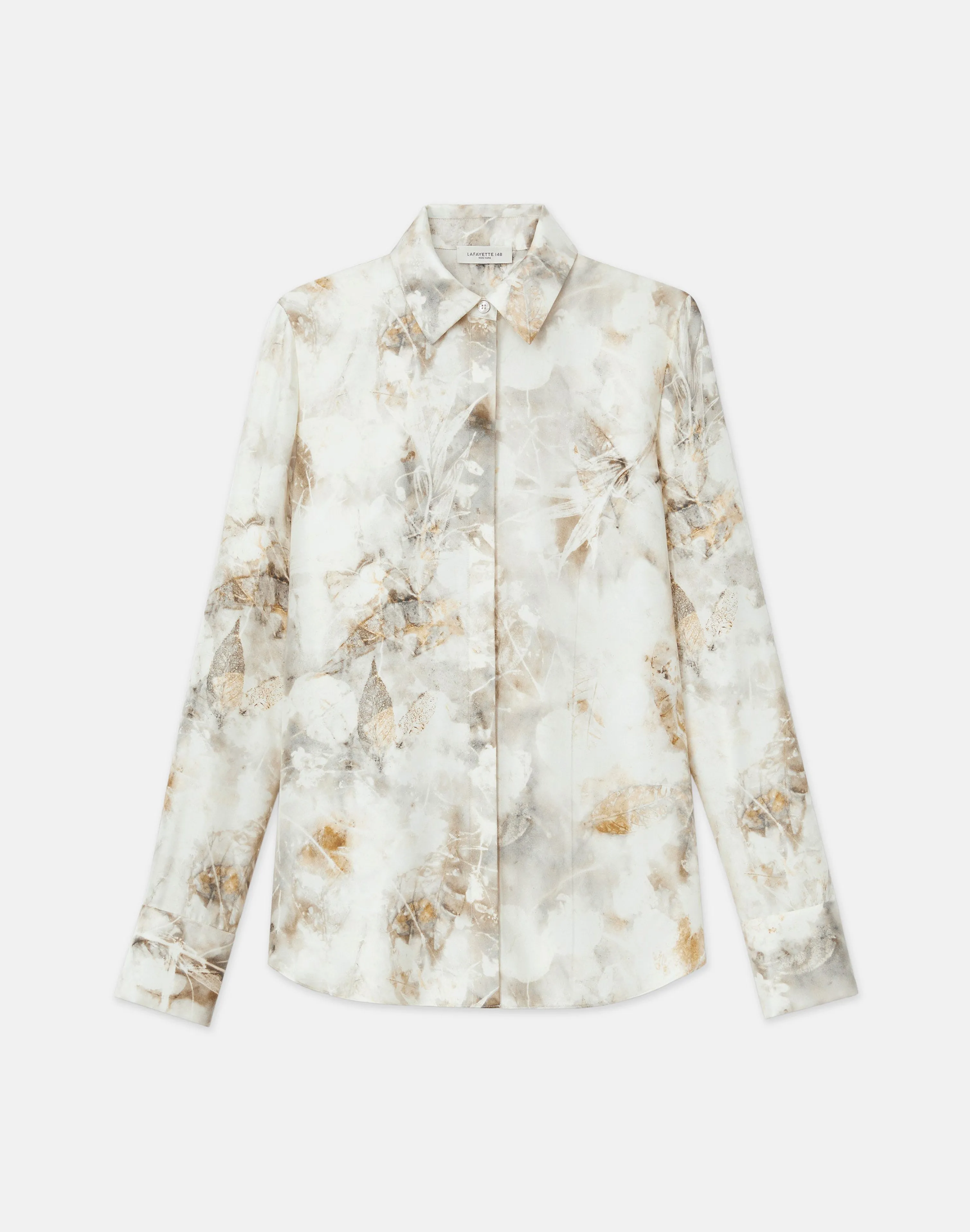 Eco Leaves Print Silk Twill Buttoned Blouse