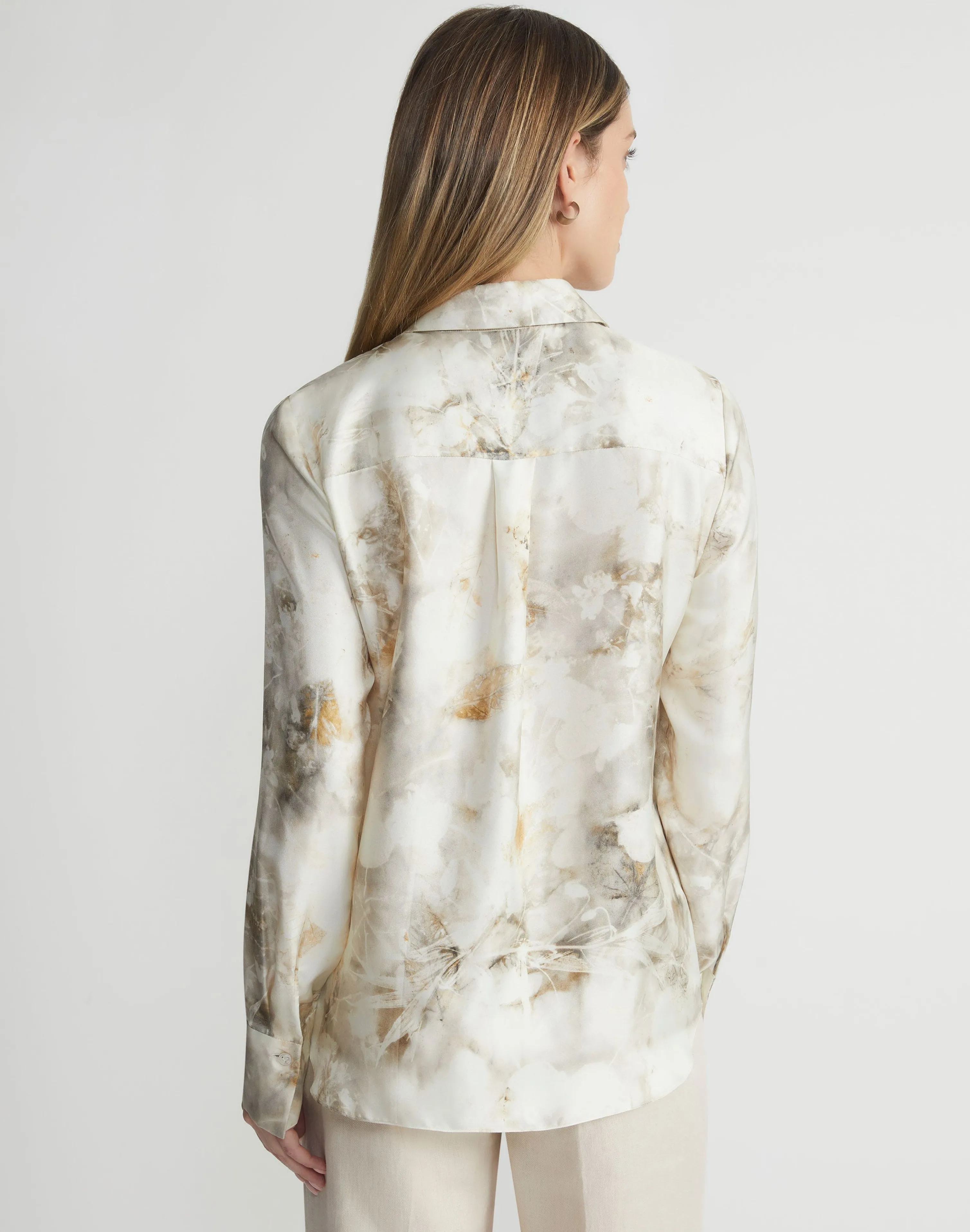 Eco Leaves Print Silk Twill Buttoned Blouse