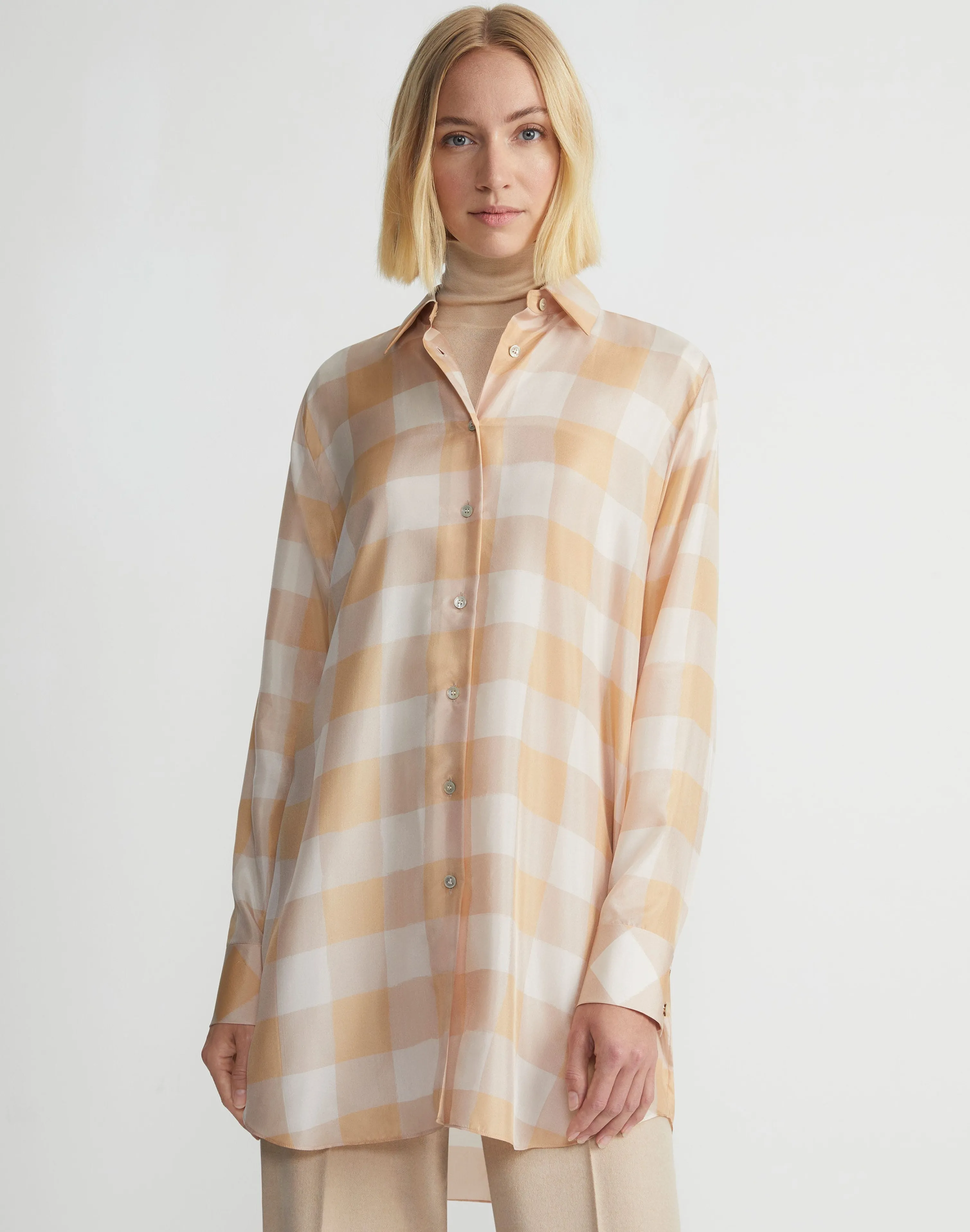 Painted Gingham Print Silk Habutai Oversized Blouse