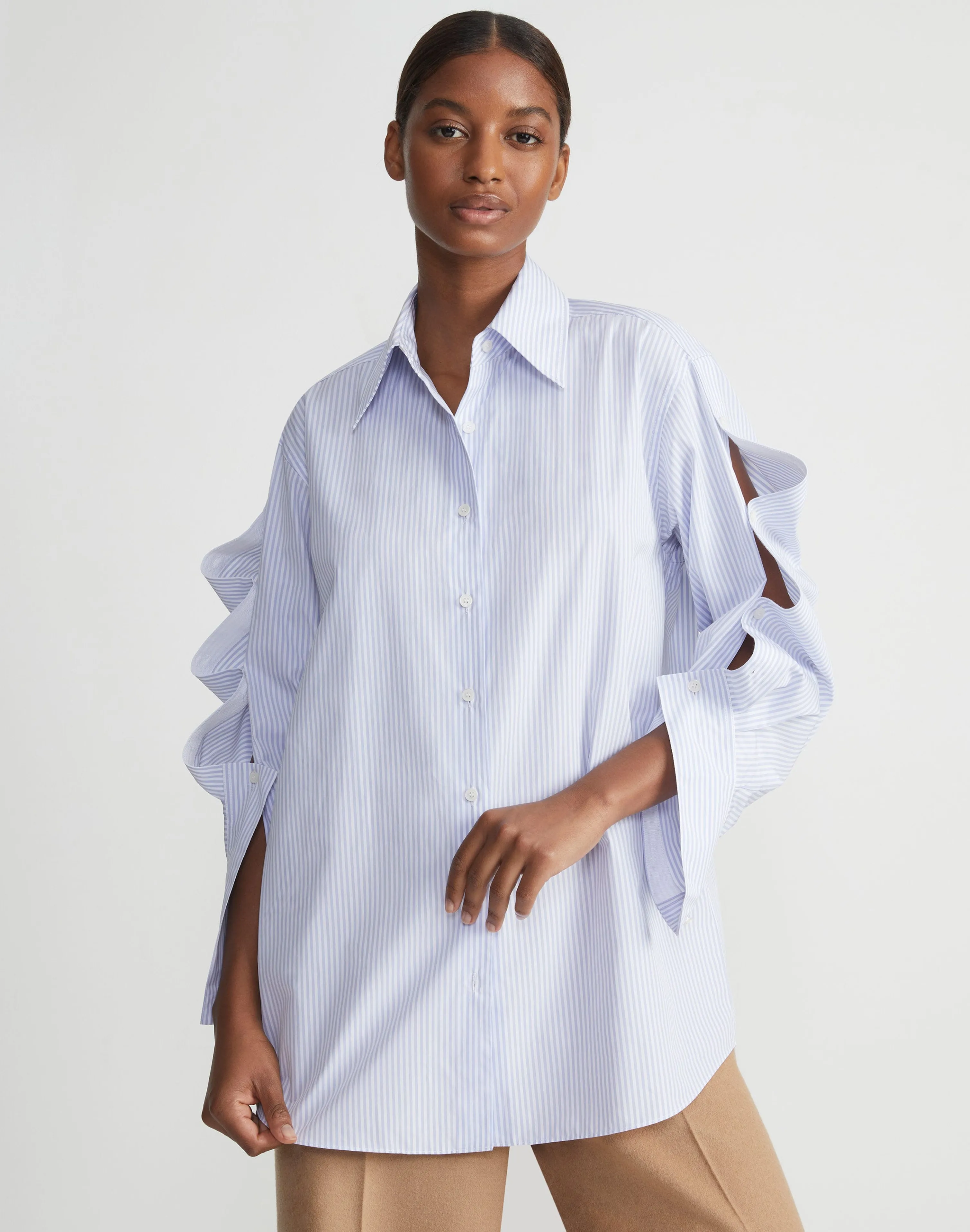 Stripe Cotton Poplin Button Sleeve Oversized Shirt