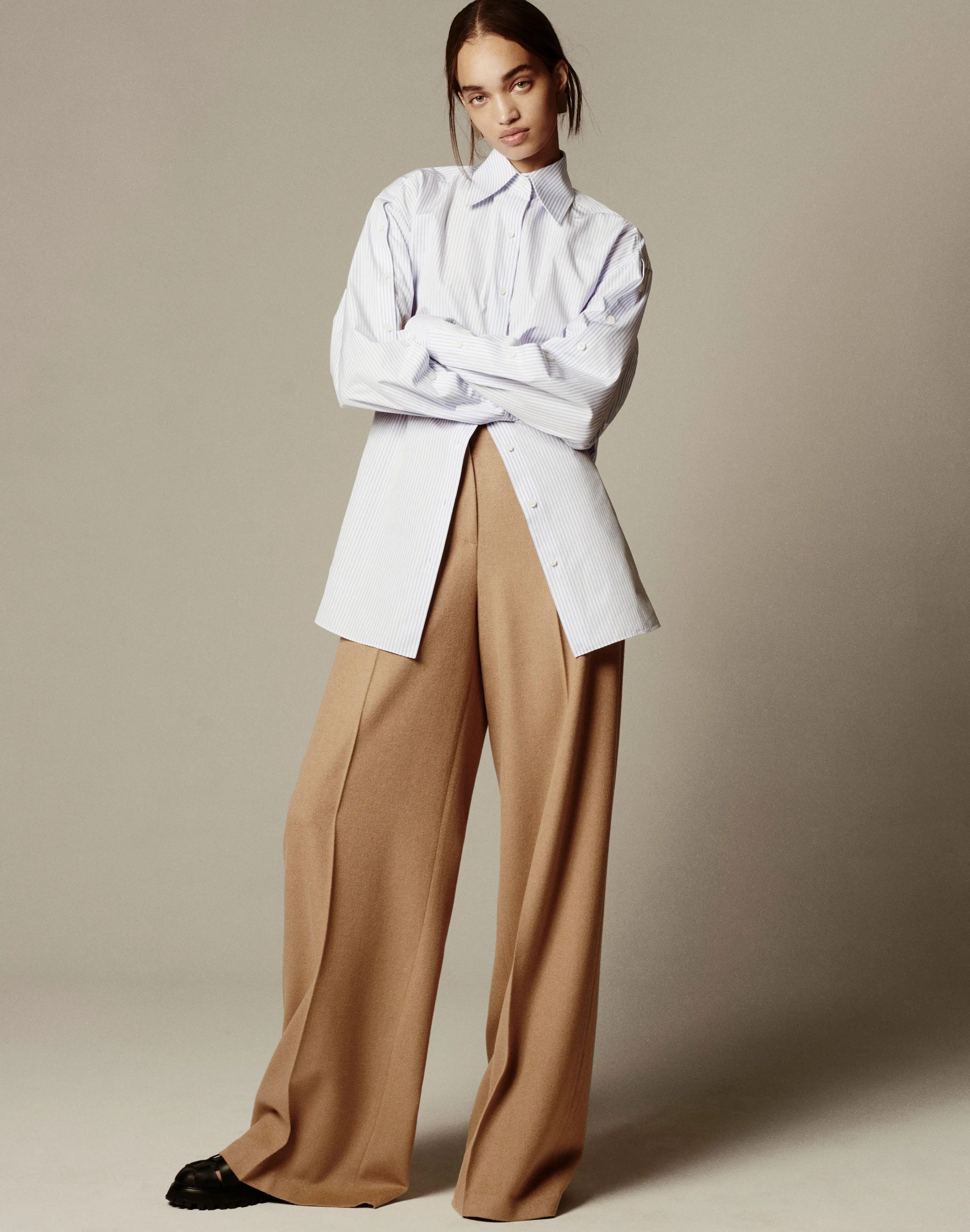 Stripe Cotton Poplin Button Sleeve Oversized Shirt