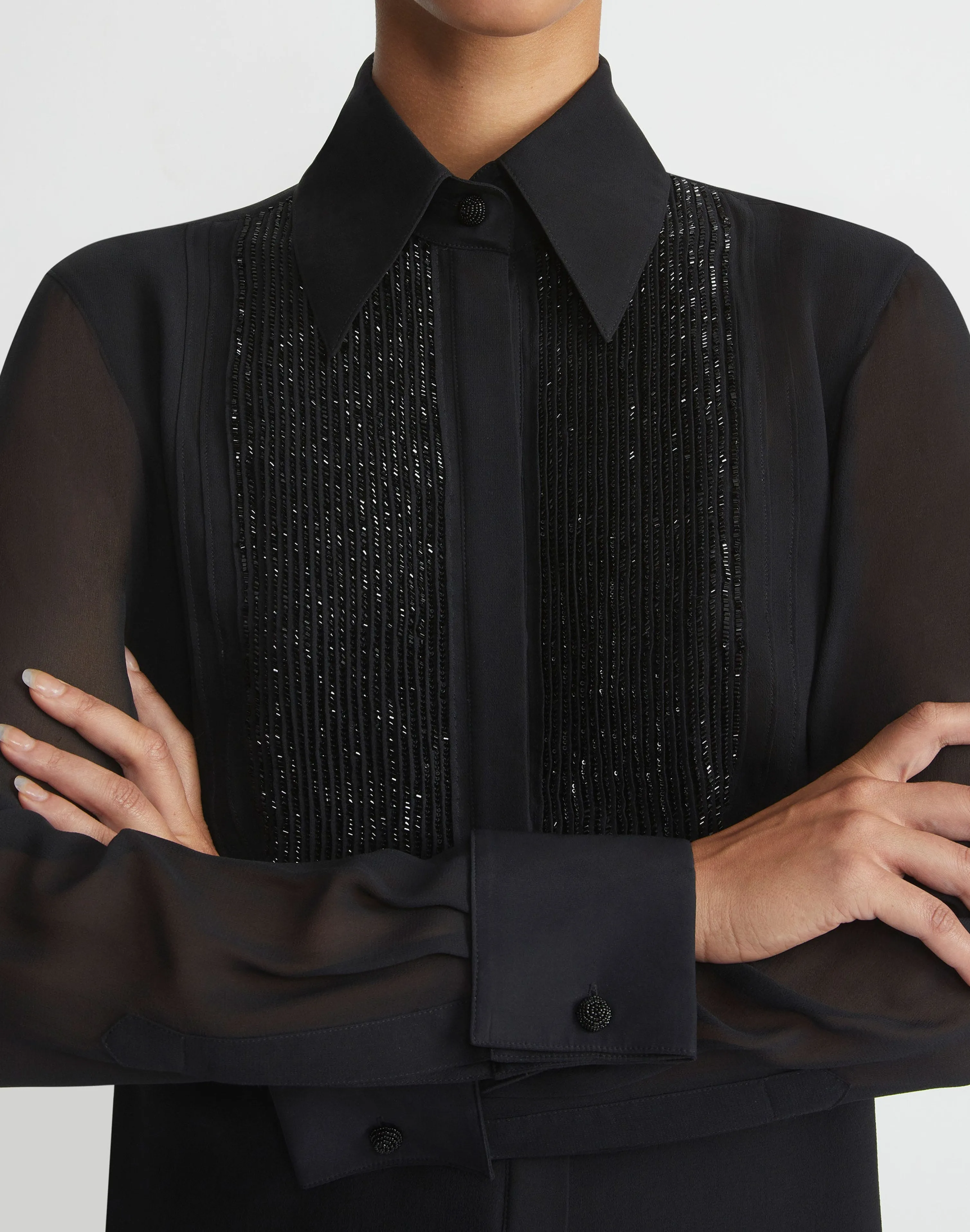 Hand-Beaded Silk Georgette Pintuck Blouse