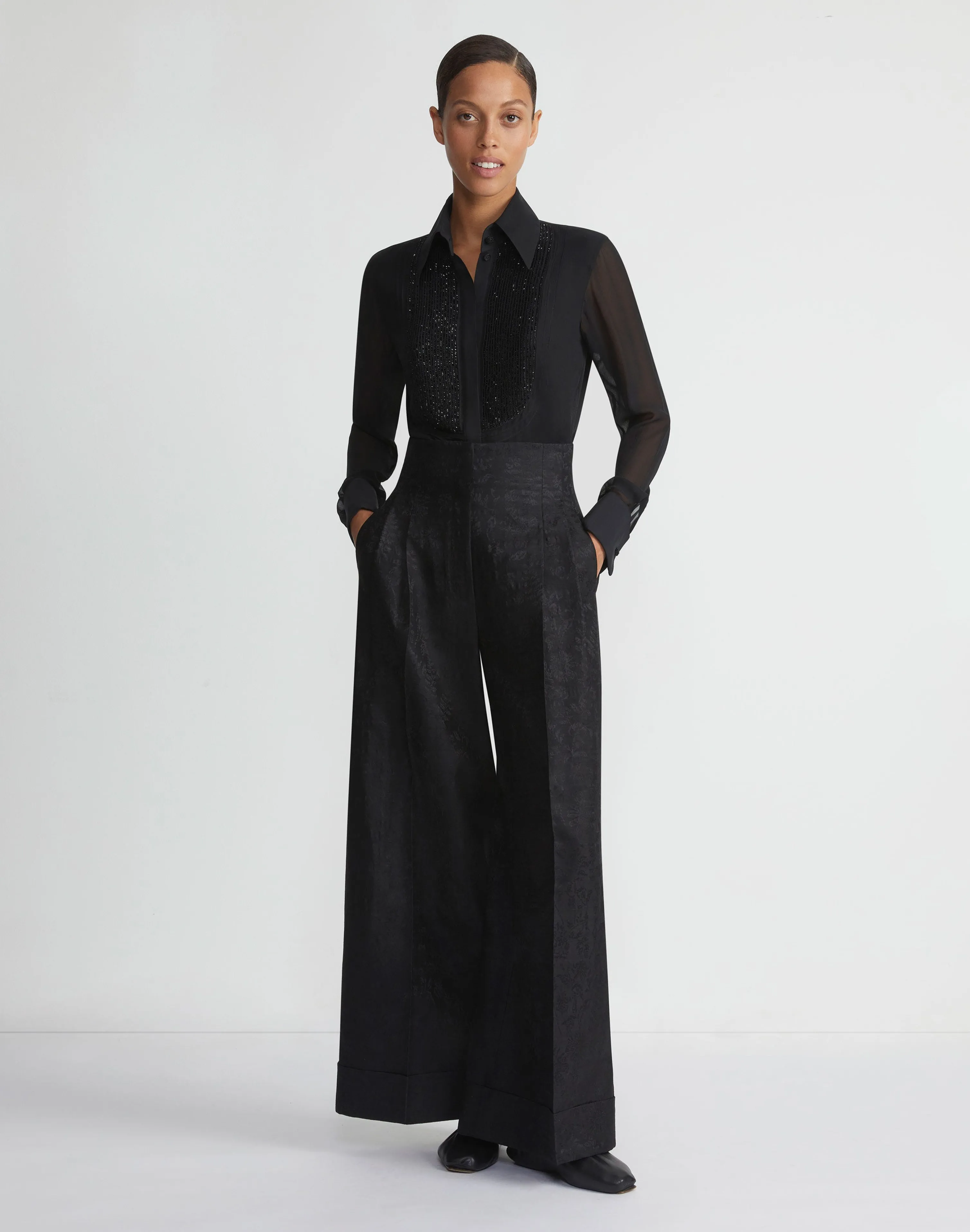 Hand-Beaded Silk Georgette Pintuck Blouse