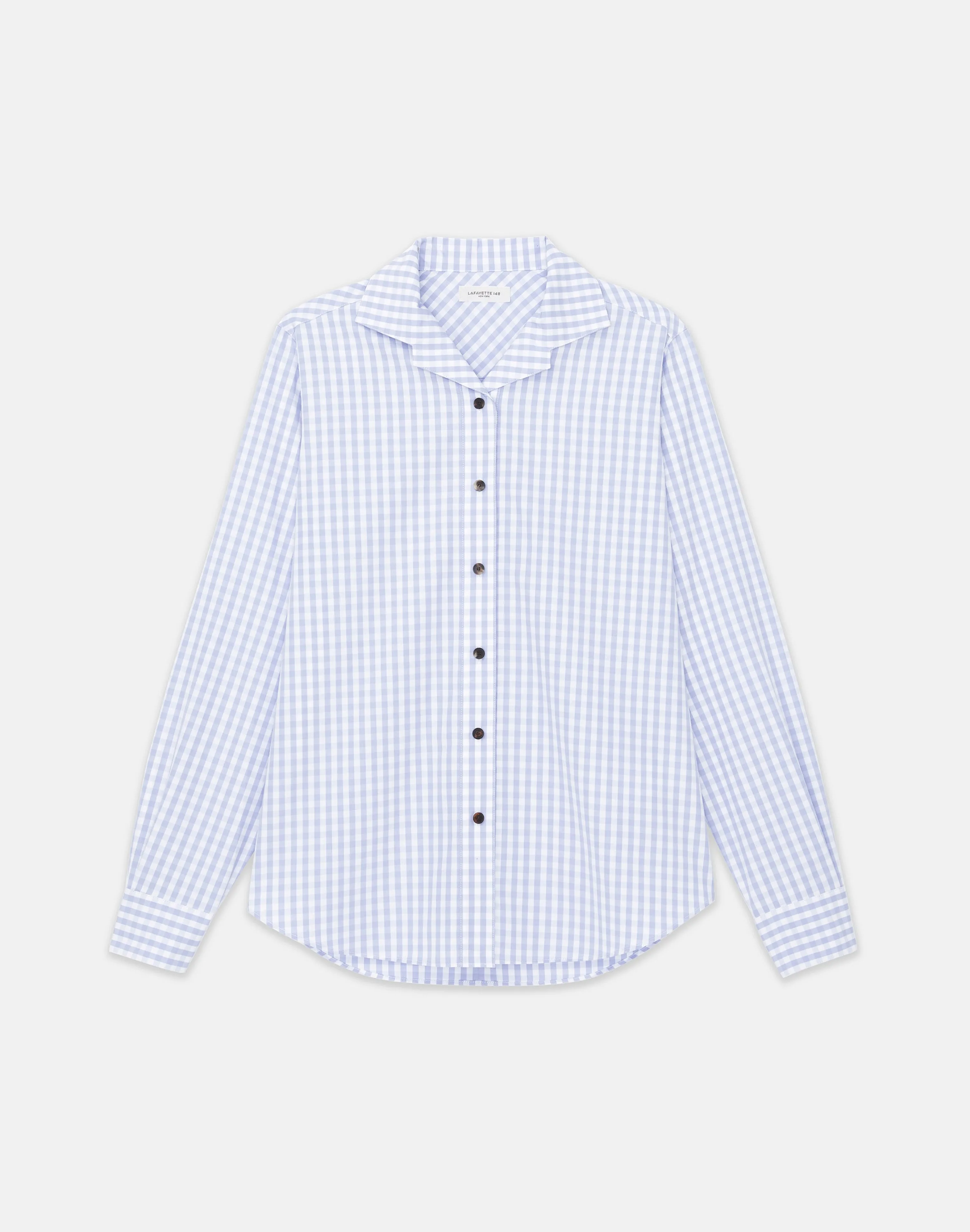 Gingham Cotton Poplin Notched Shawl Collar Shirt