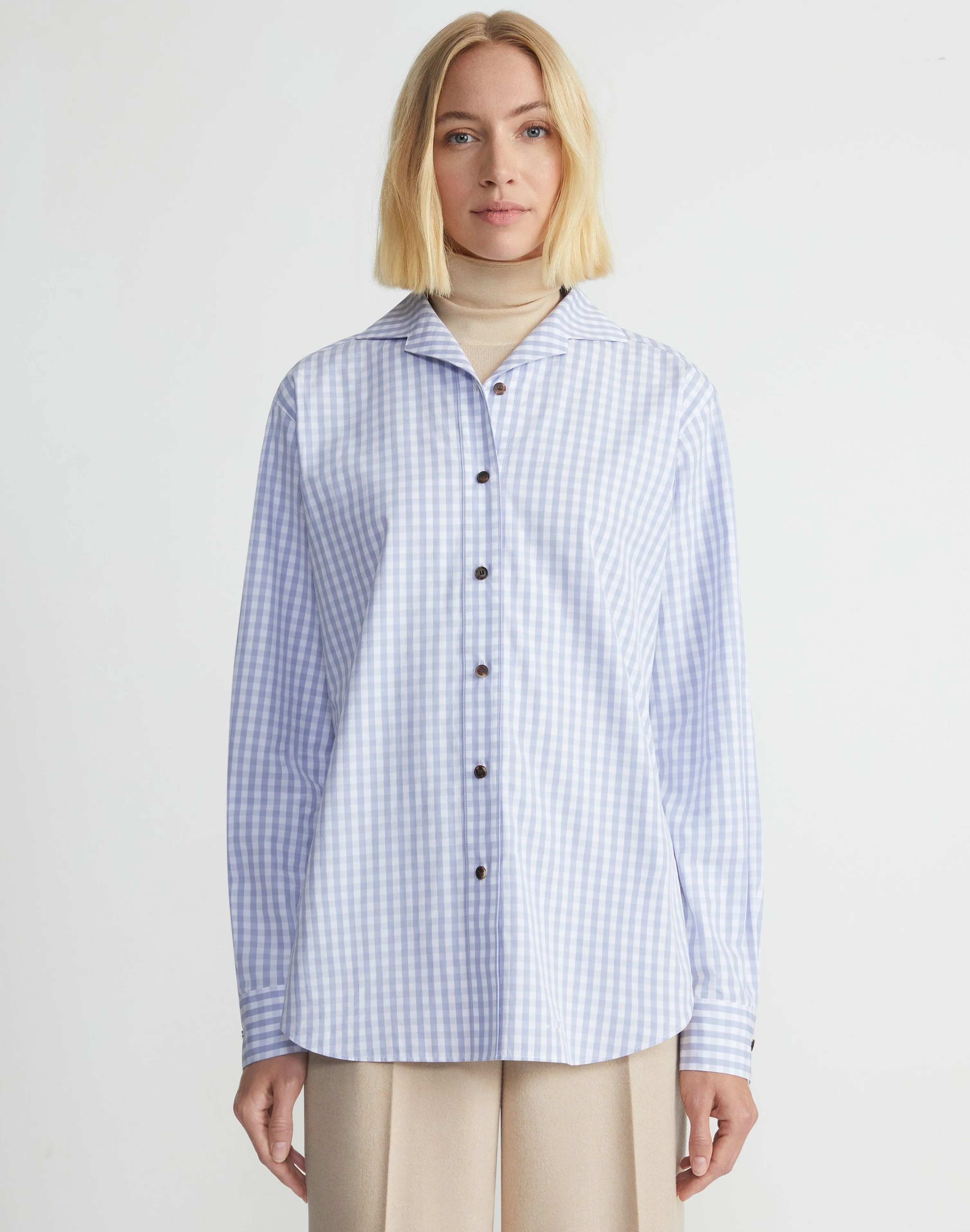 Gingham Cotton Poplin Notched Shawl Collar Shirt