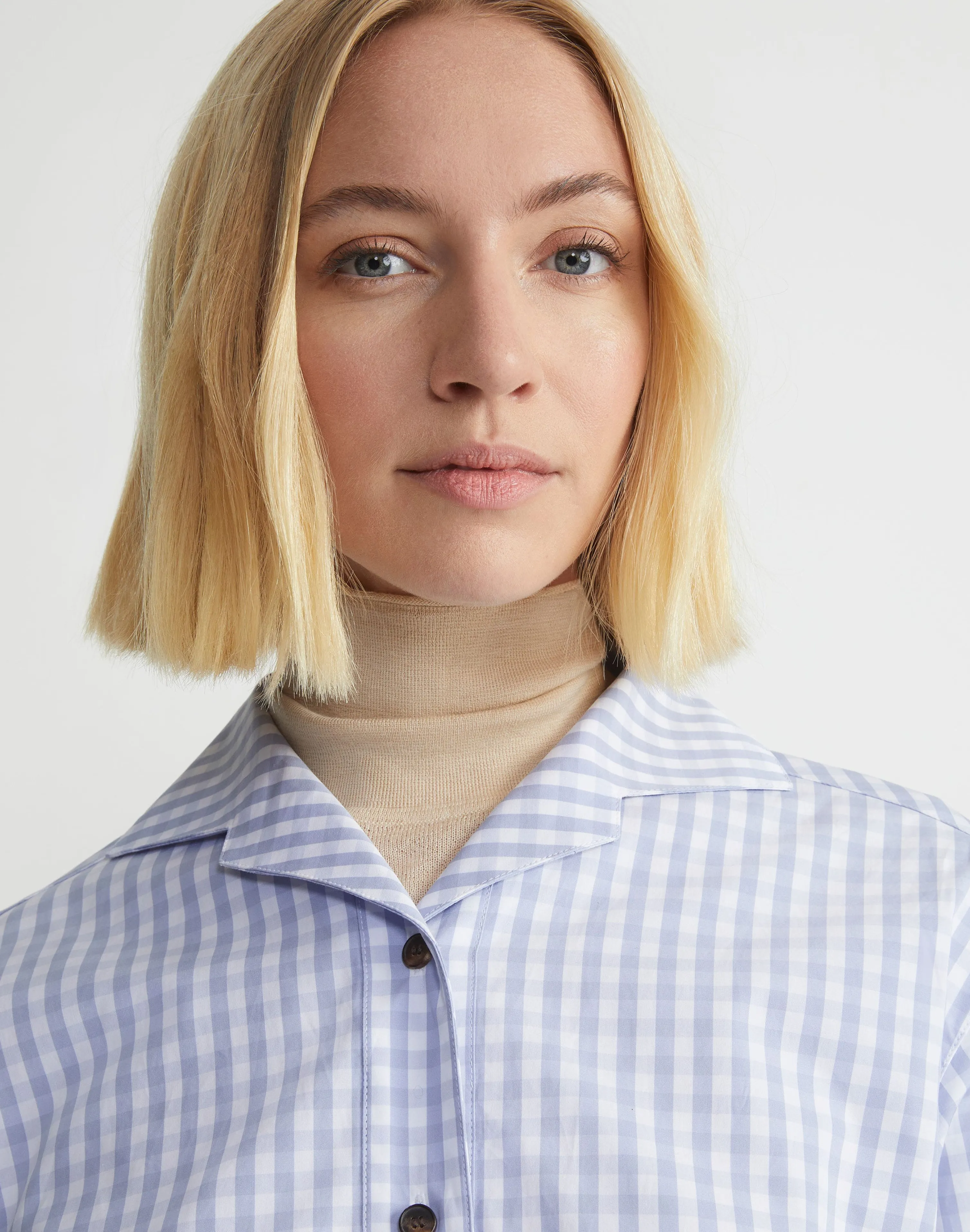 Gingham Cotton Poplin Notched Shawl Collar Shirt
