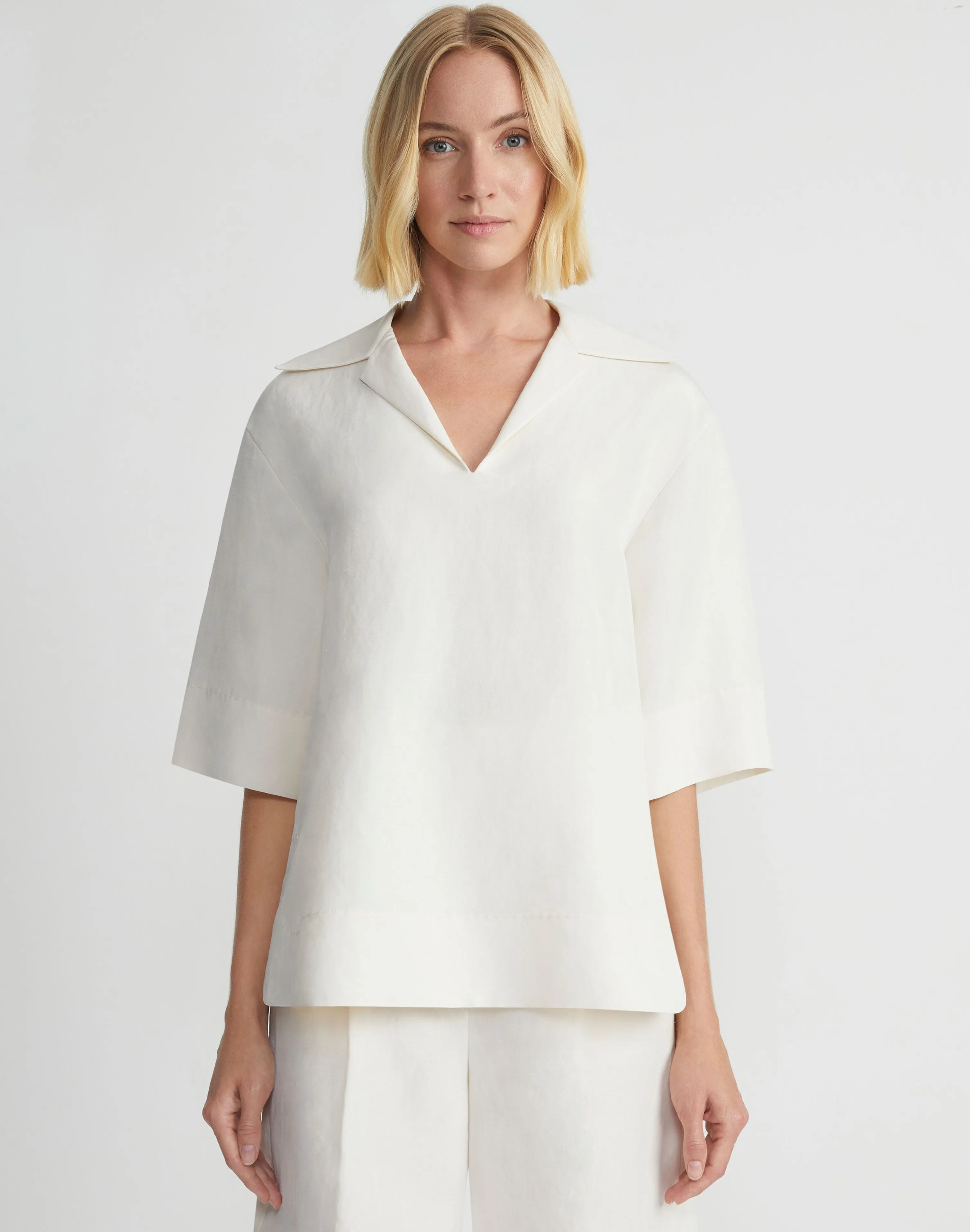 Silk-Linen Collared Popover Blouse