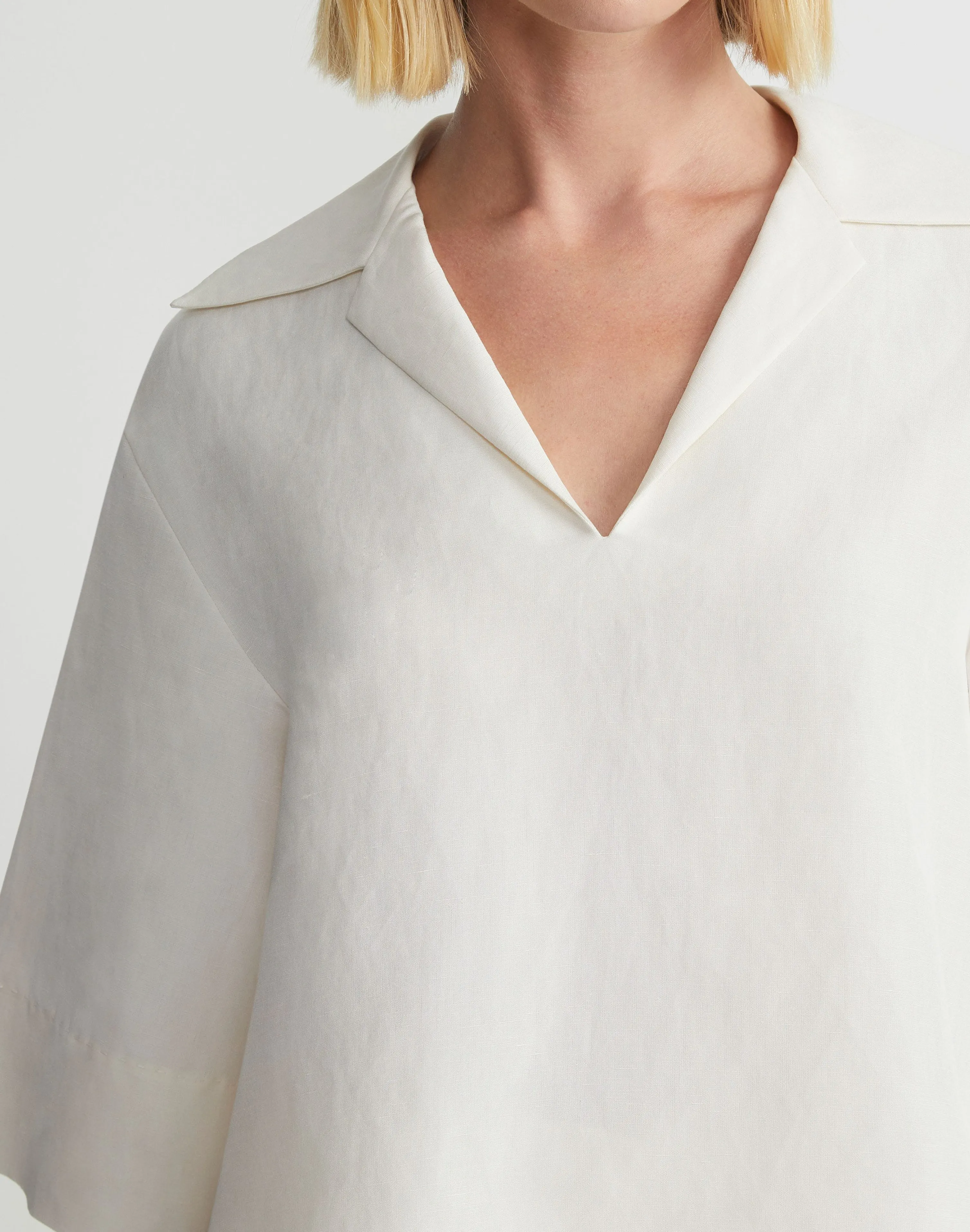 Silk-Linen Collared Popover Blouse