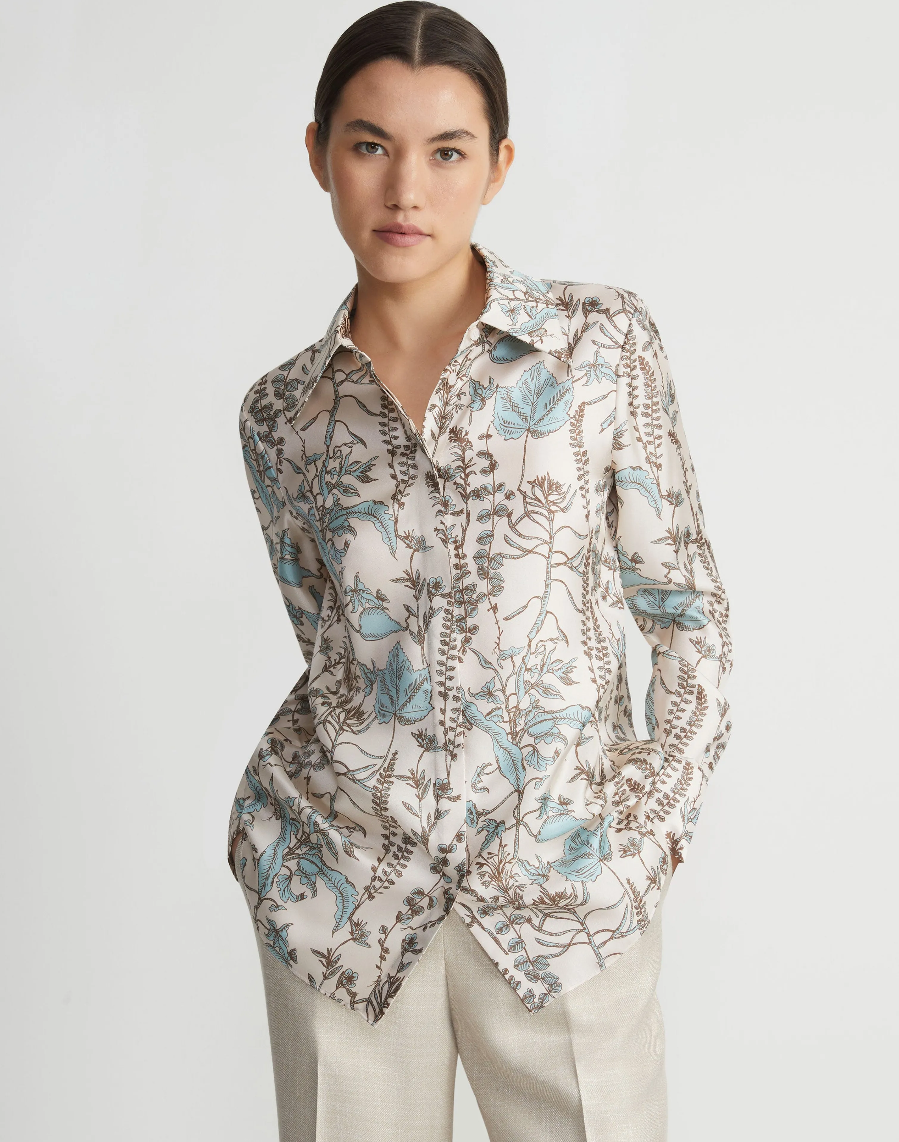 Flora Trail Print Silk Twill Collared Blouse