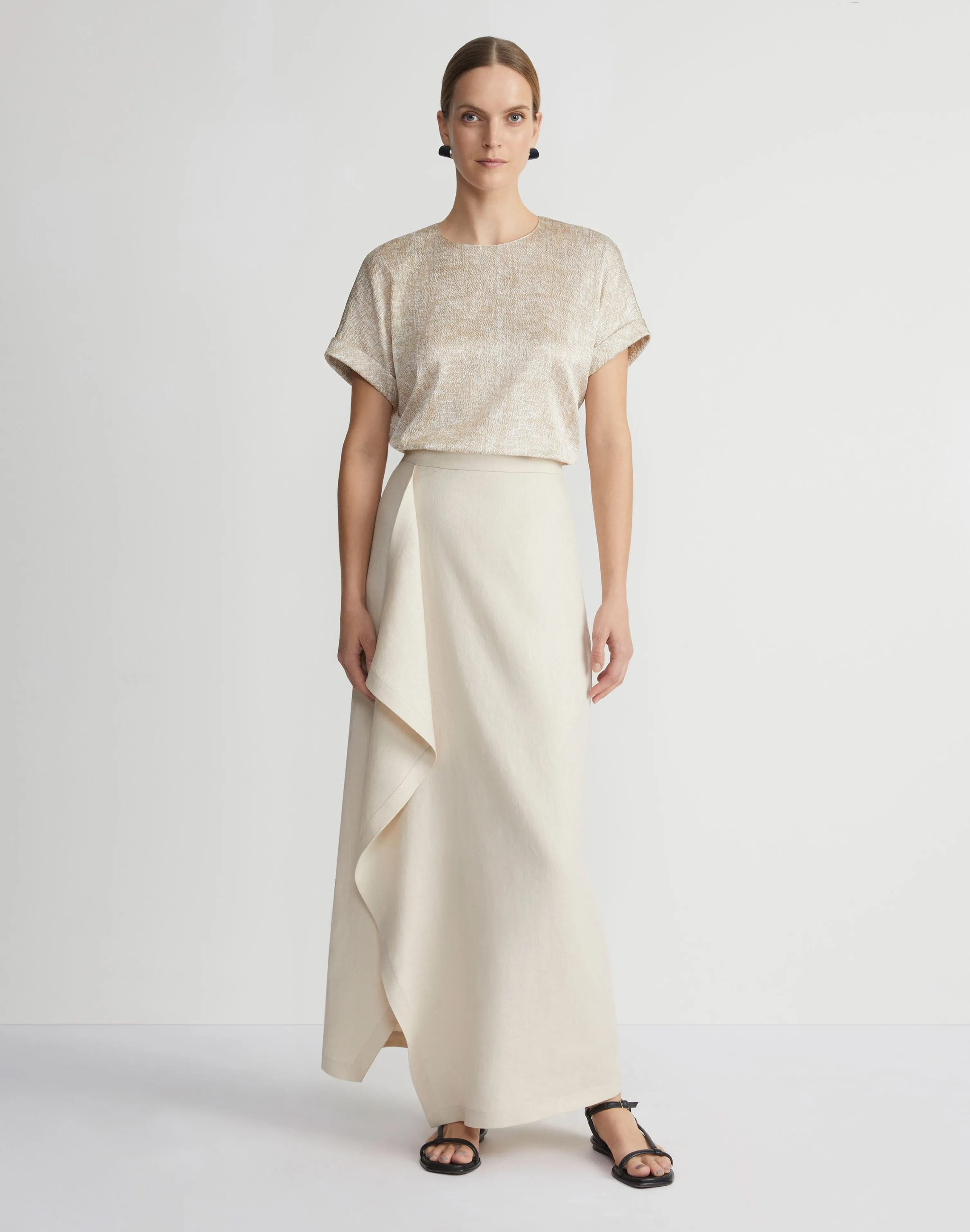 Burlap Print Crinkle Stretch Silk T-Shirt Blouse