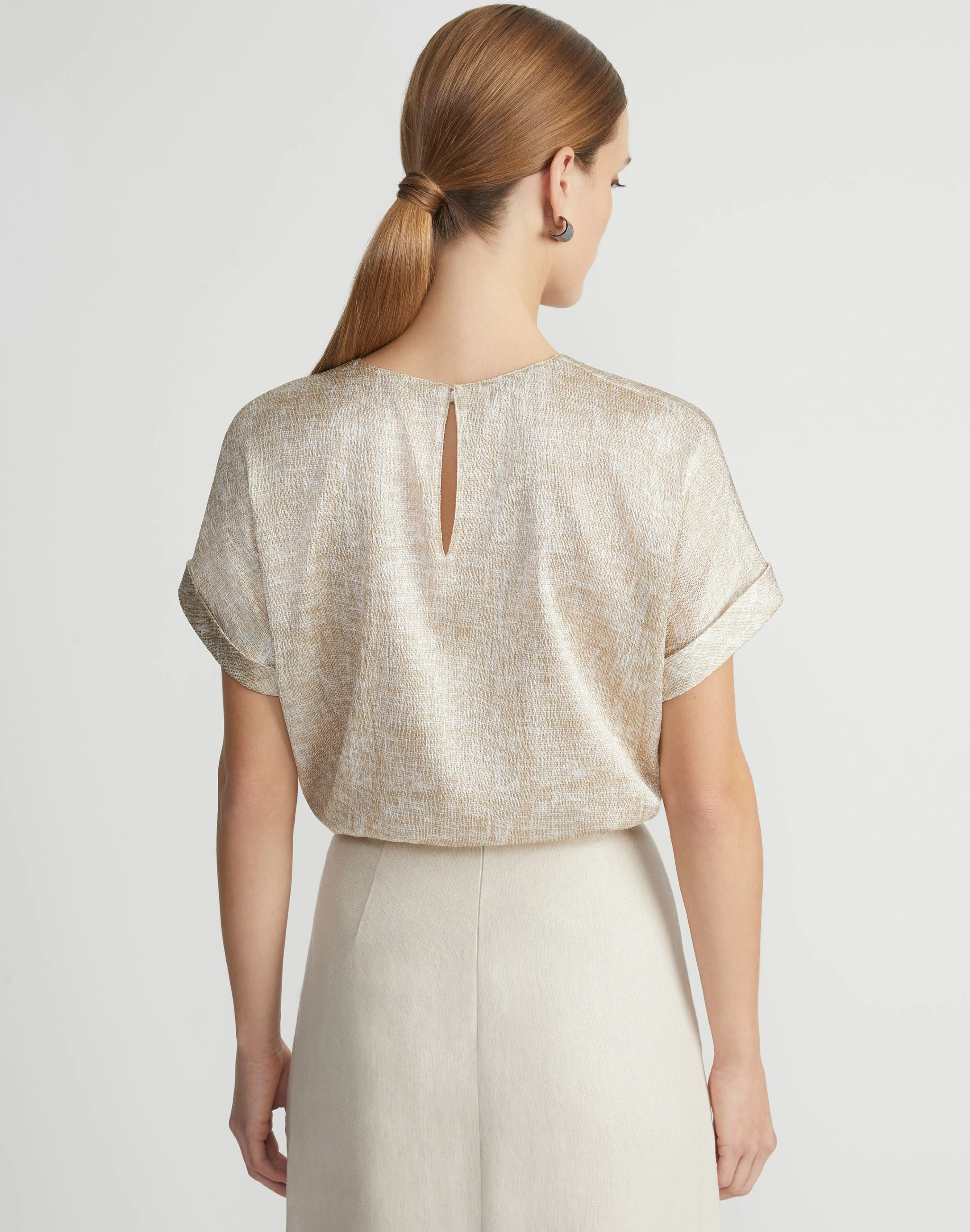 Burlap Print Crinkle Stretch Silk T-Shirt Blouse