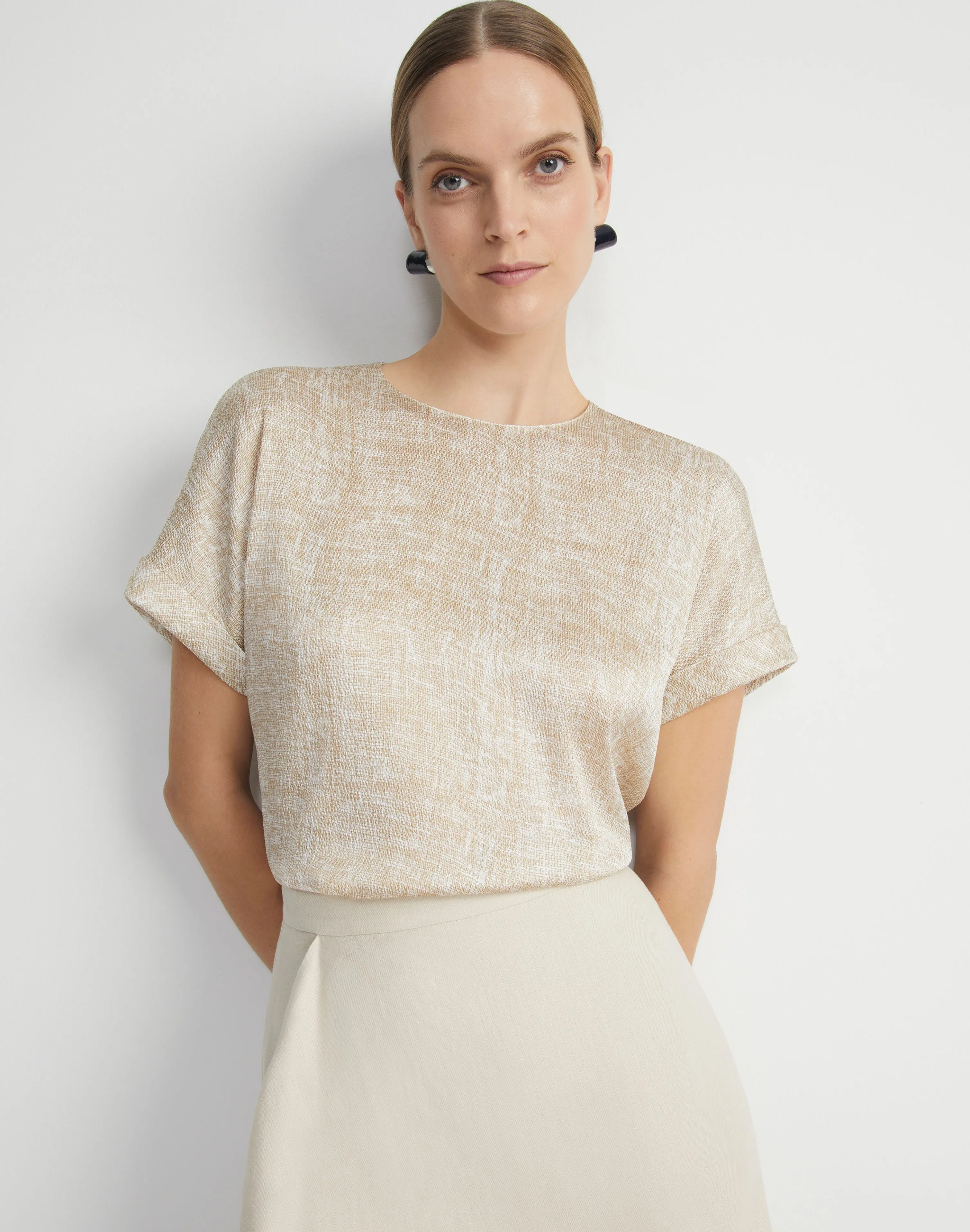 Burlap Print Crinkle Stretch Silk T-Shirt Blouse