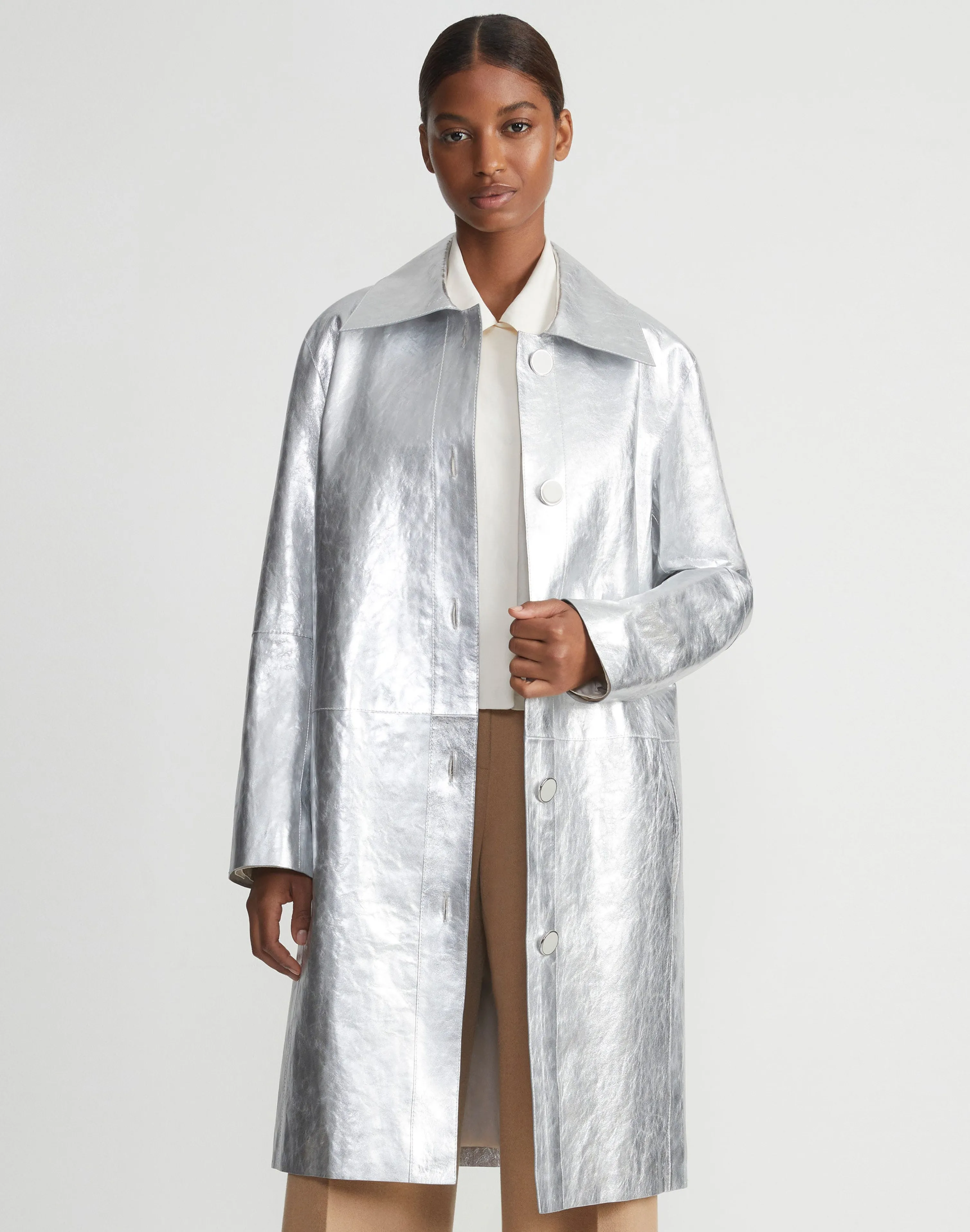 Metallic Crinkle Leather Coat