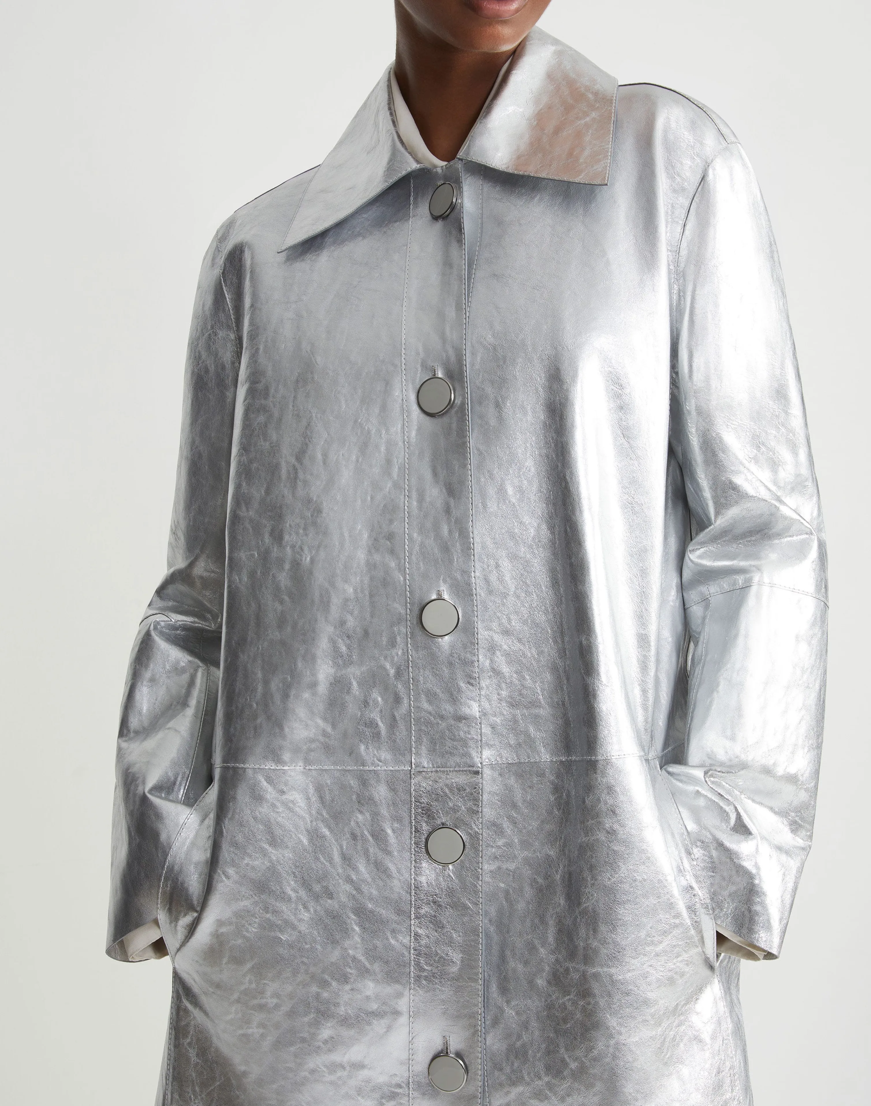 Metallic Crinkle Leather Coat