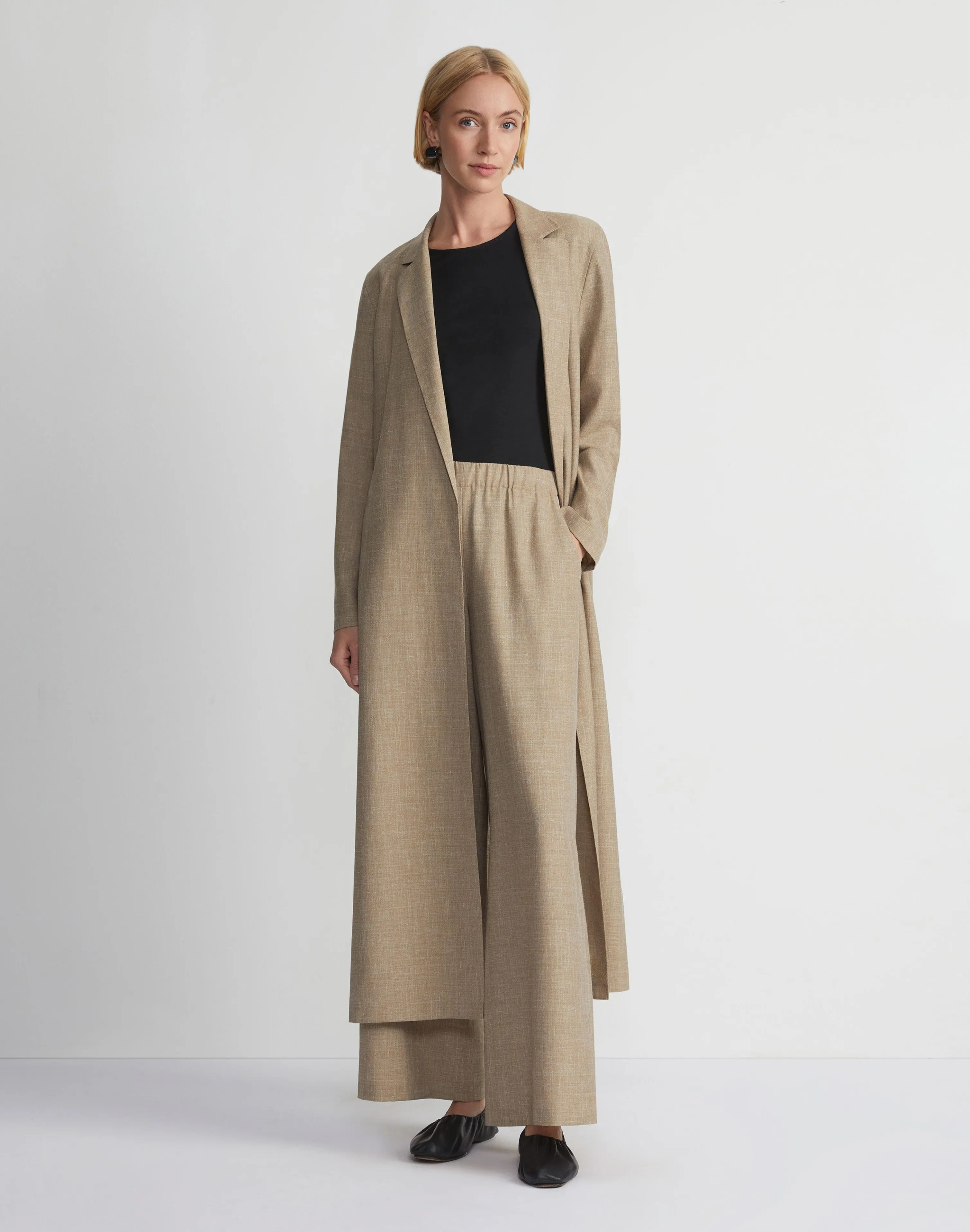 Virgin Wool Silk-Linen Open Front Duster
