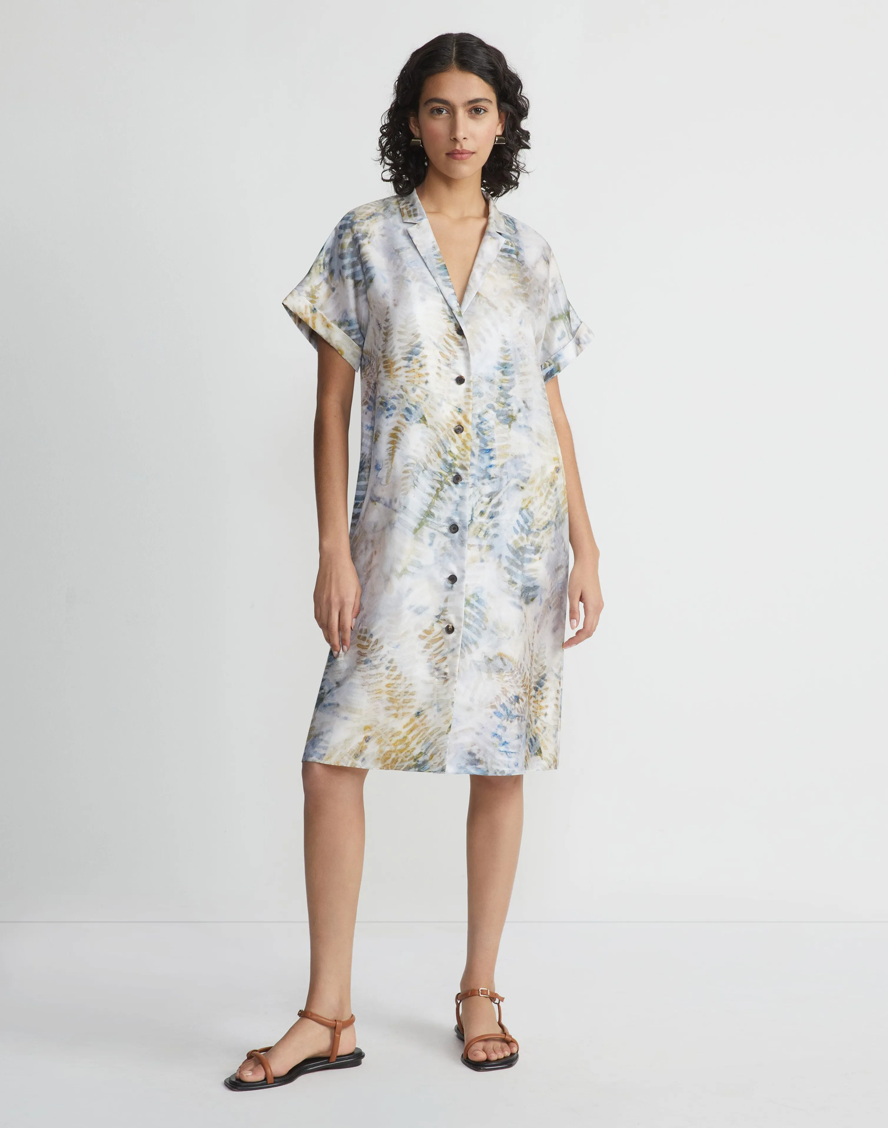 Eco Fern Print Silk Twill Tunic Button Dress