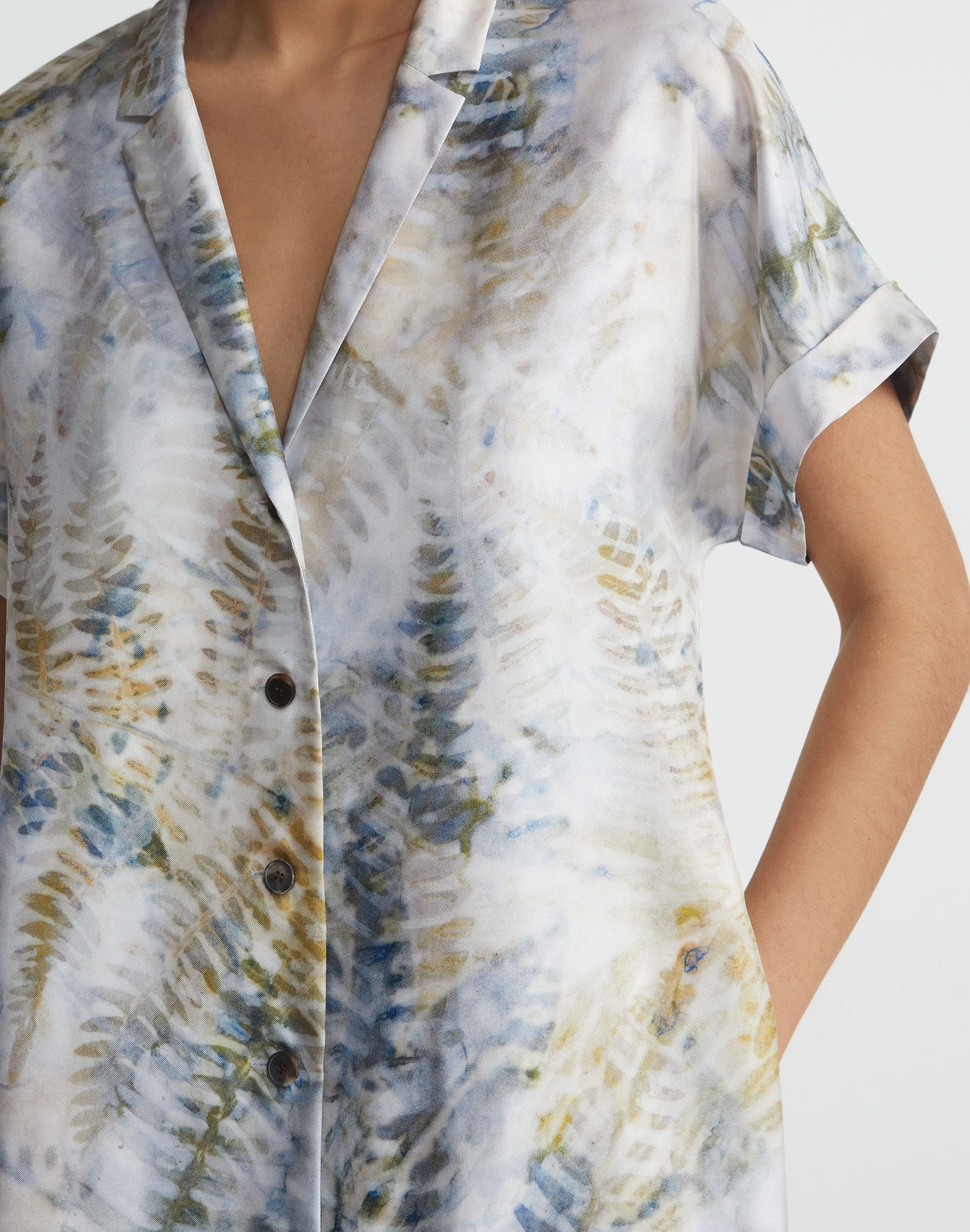 Eco Fern Print Silk Twill Tunic Button Dress