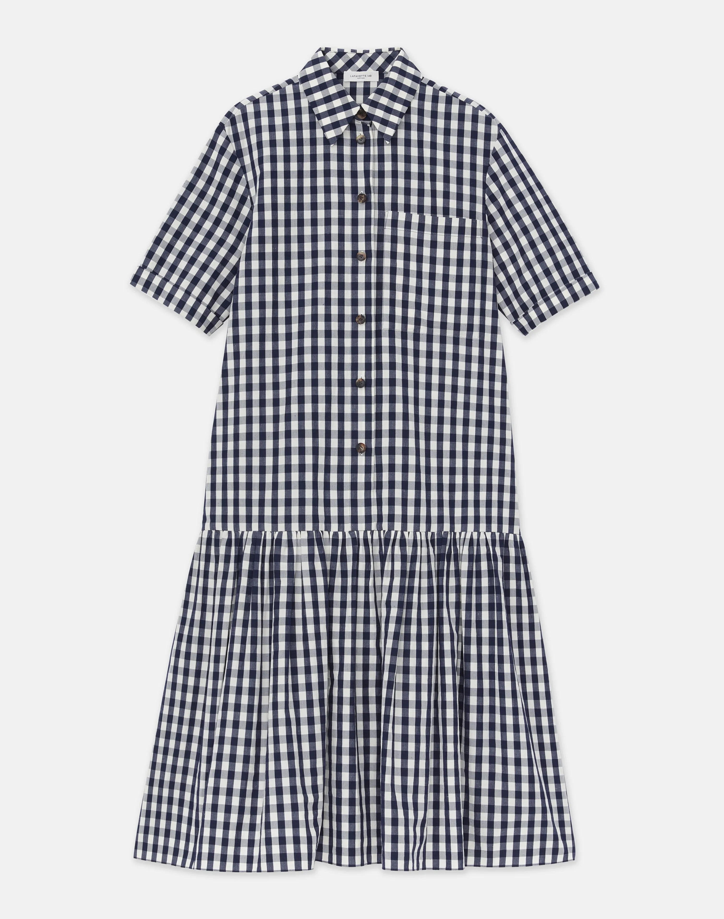 Gingham Crinkle Cotton-Linen Drop Waist Shirtdress