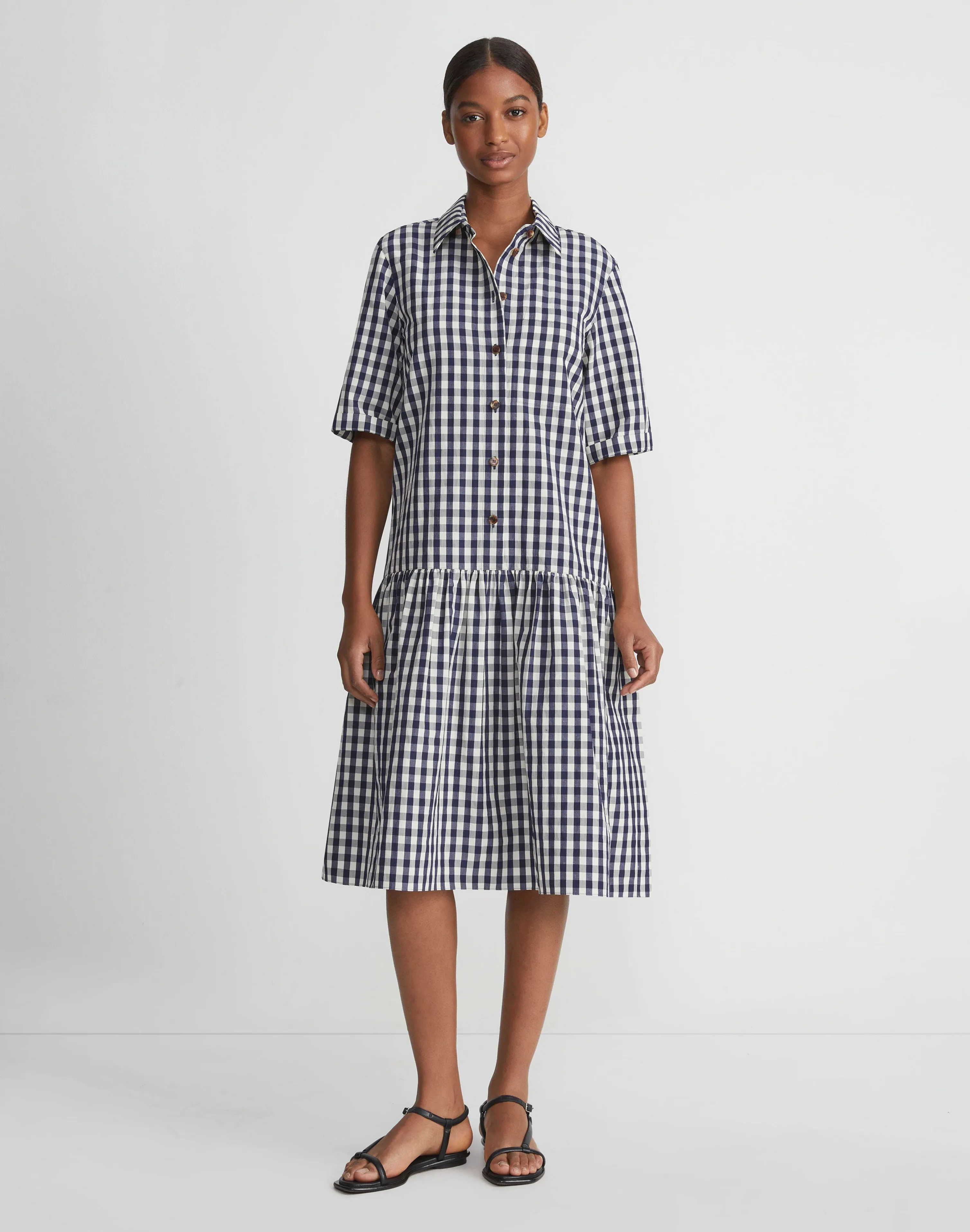Gingham Crinkle Cotton-Linen Drop Waist Shirtdress