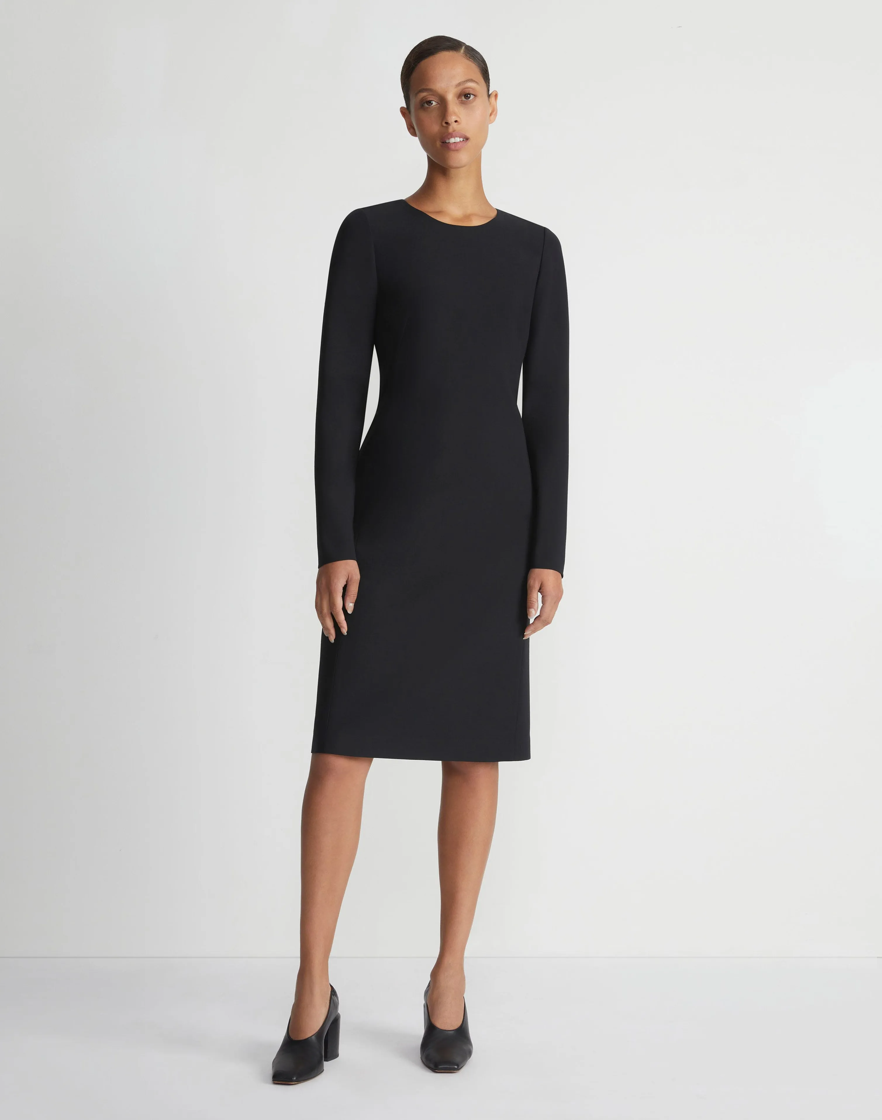 Wool-Silk Crepe Long Sleeve Sheath Dress