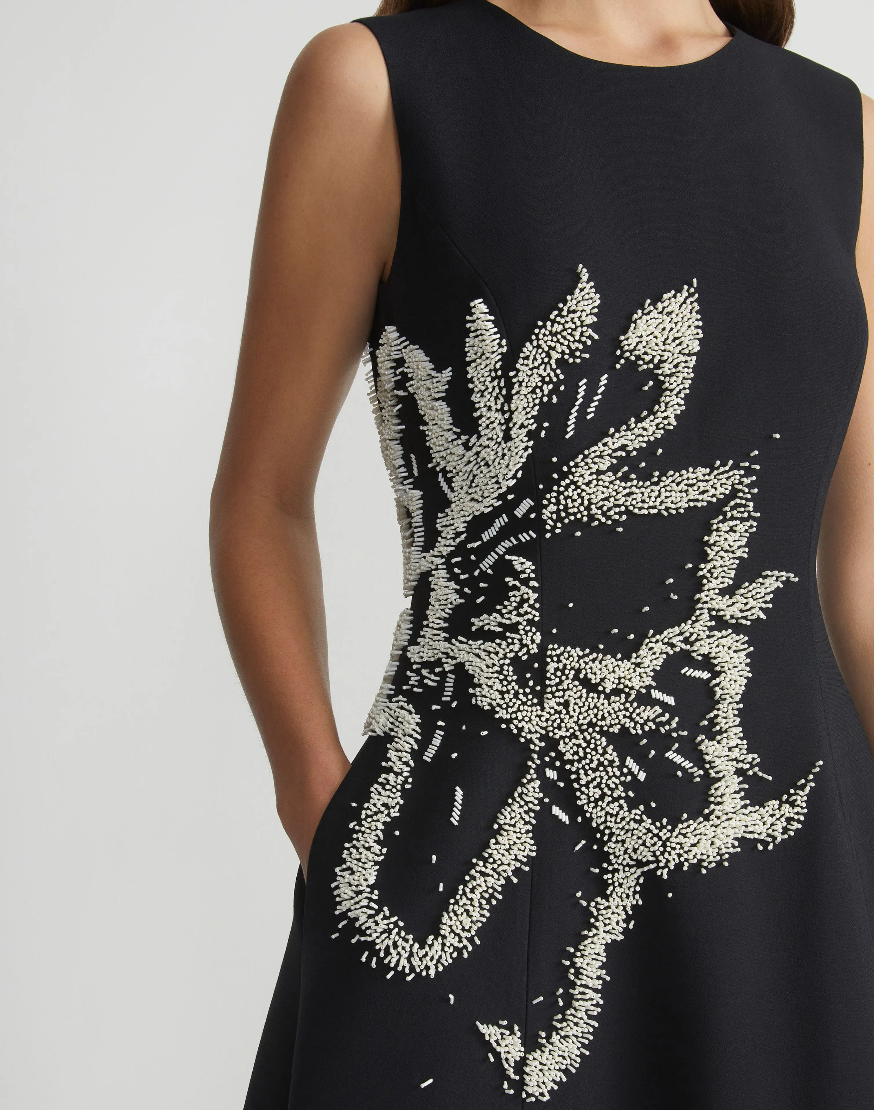 Hand-Beaded Rose Wool-Silk Crepe Sleeveless Dress