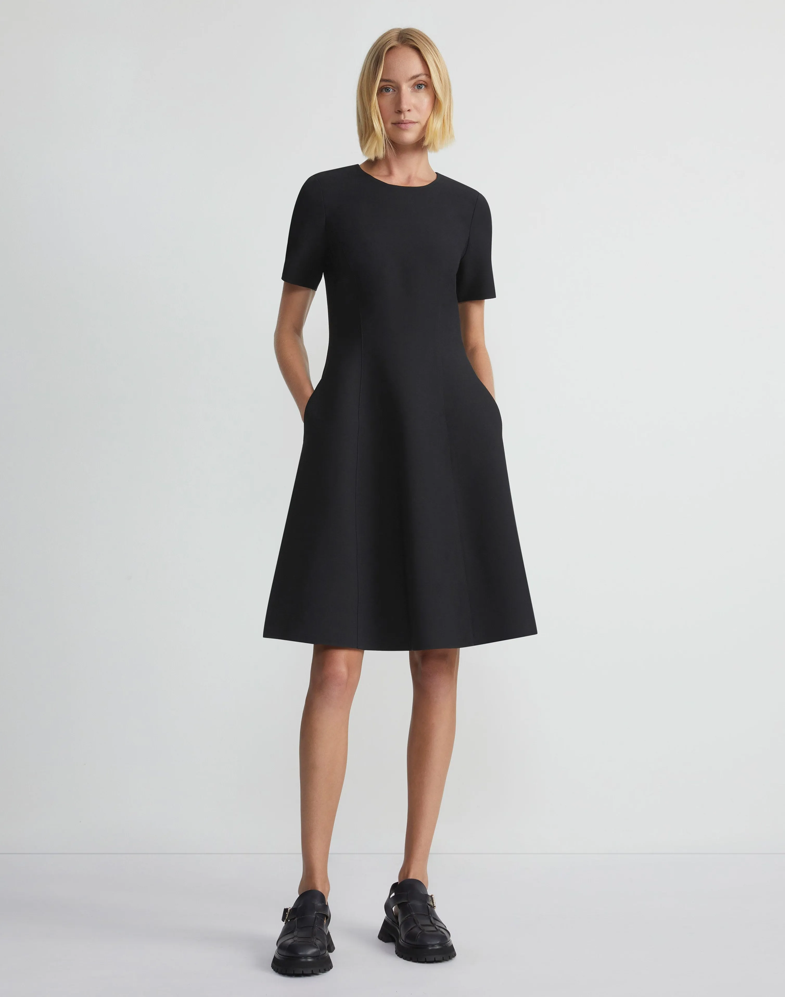 Wool-Silk Crepe Short Sleeve Dress