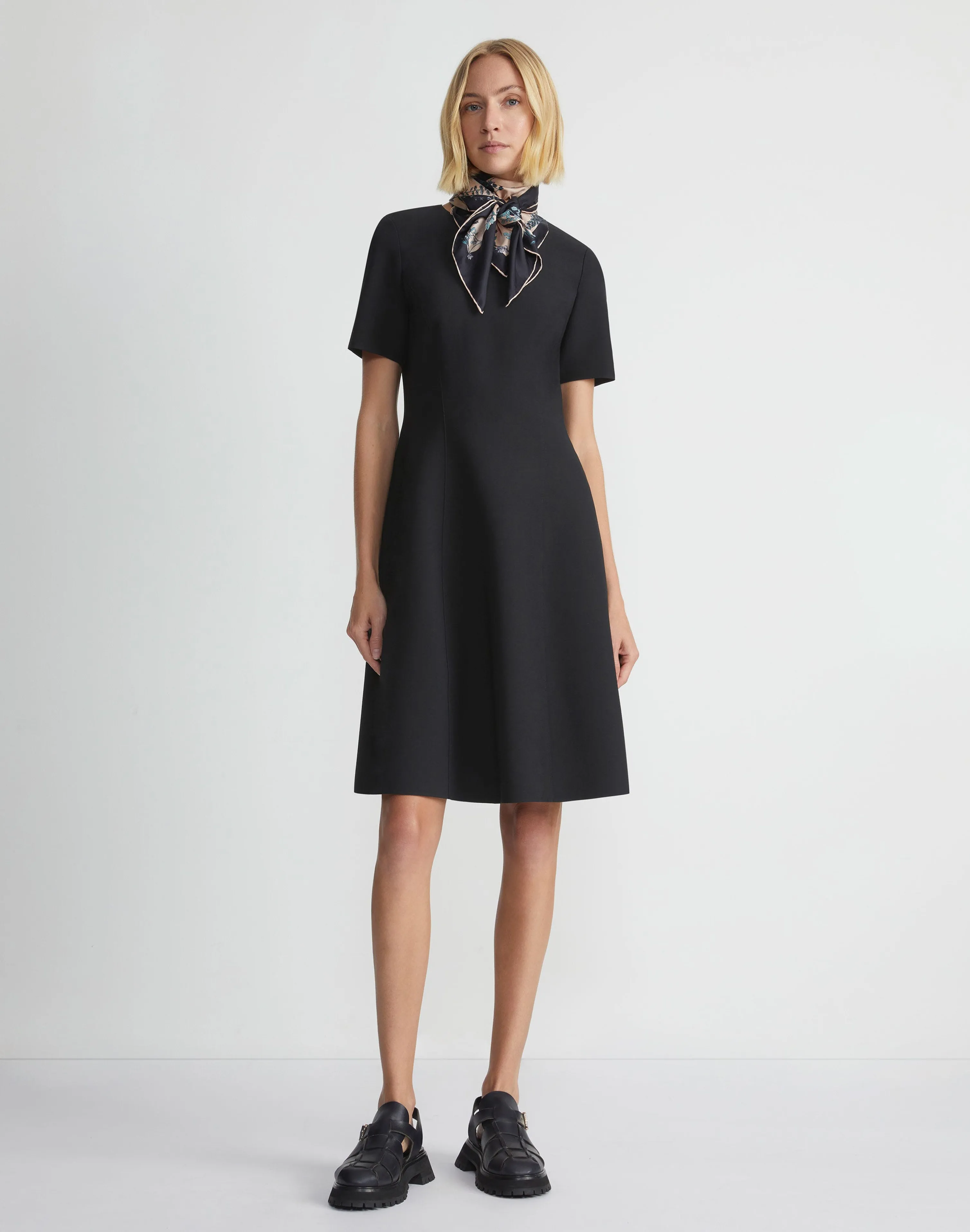 Wool-Silk Crepe Short Sleeve Dress