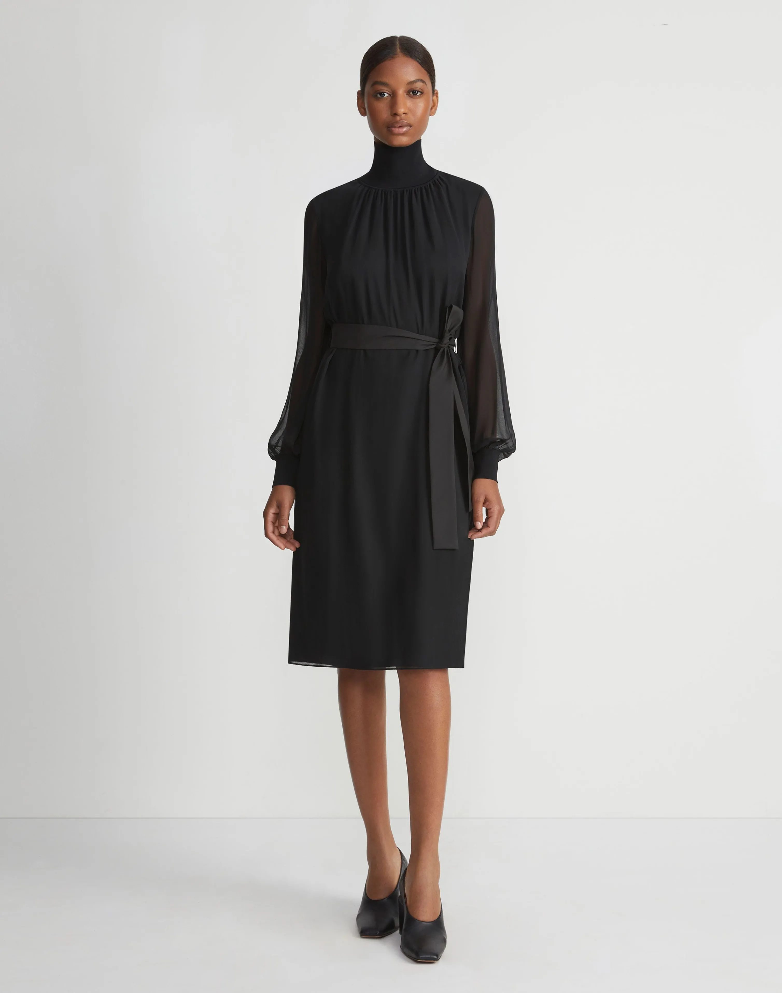 Opaque & Sheer Silk Turtleneck Dress