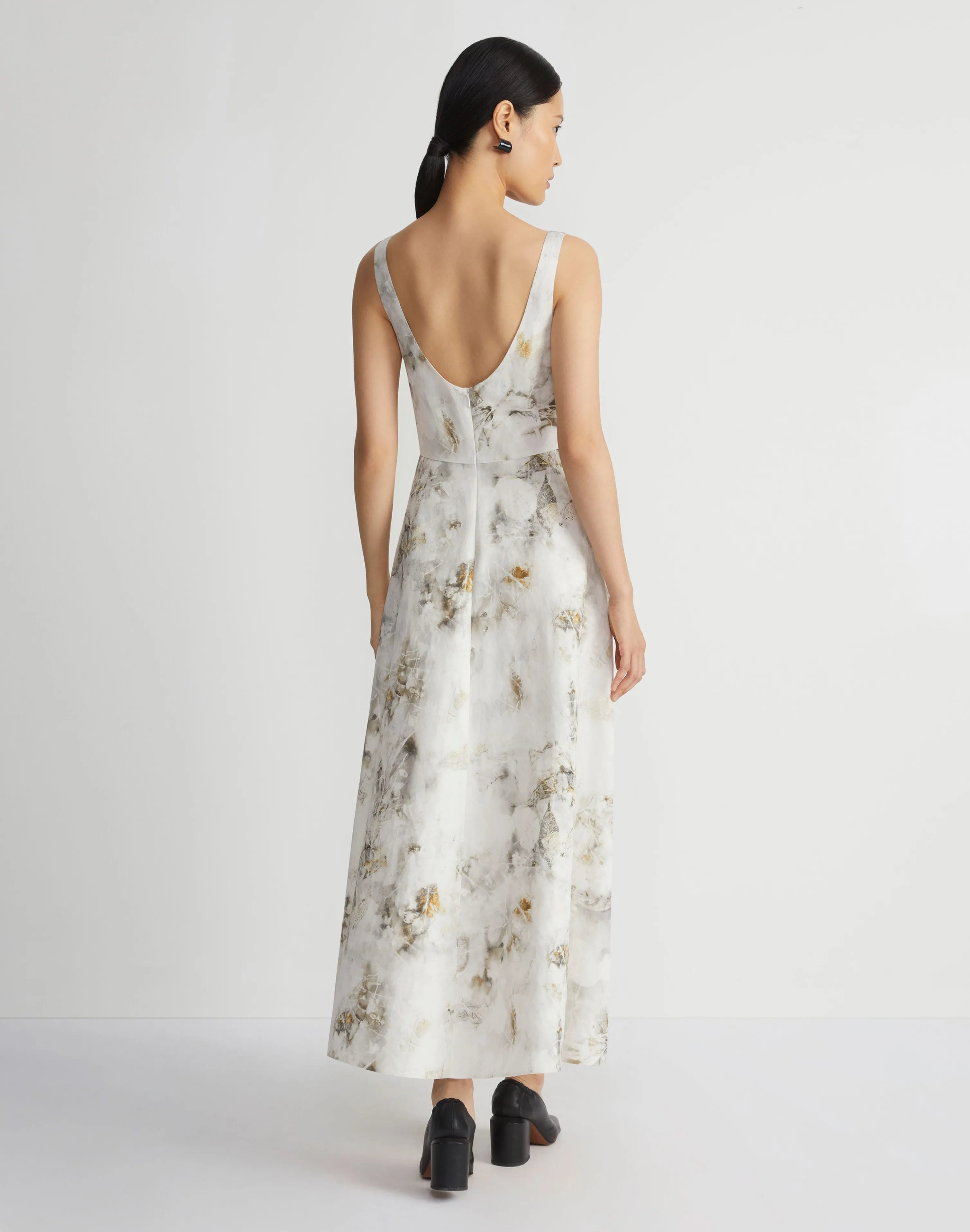 Eco Leaves Print Silk-Linen Bateau Gown