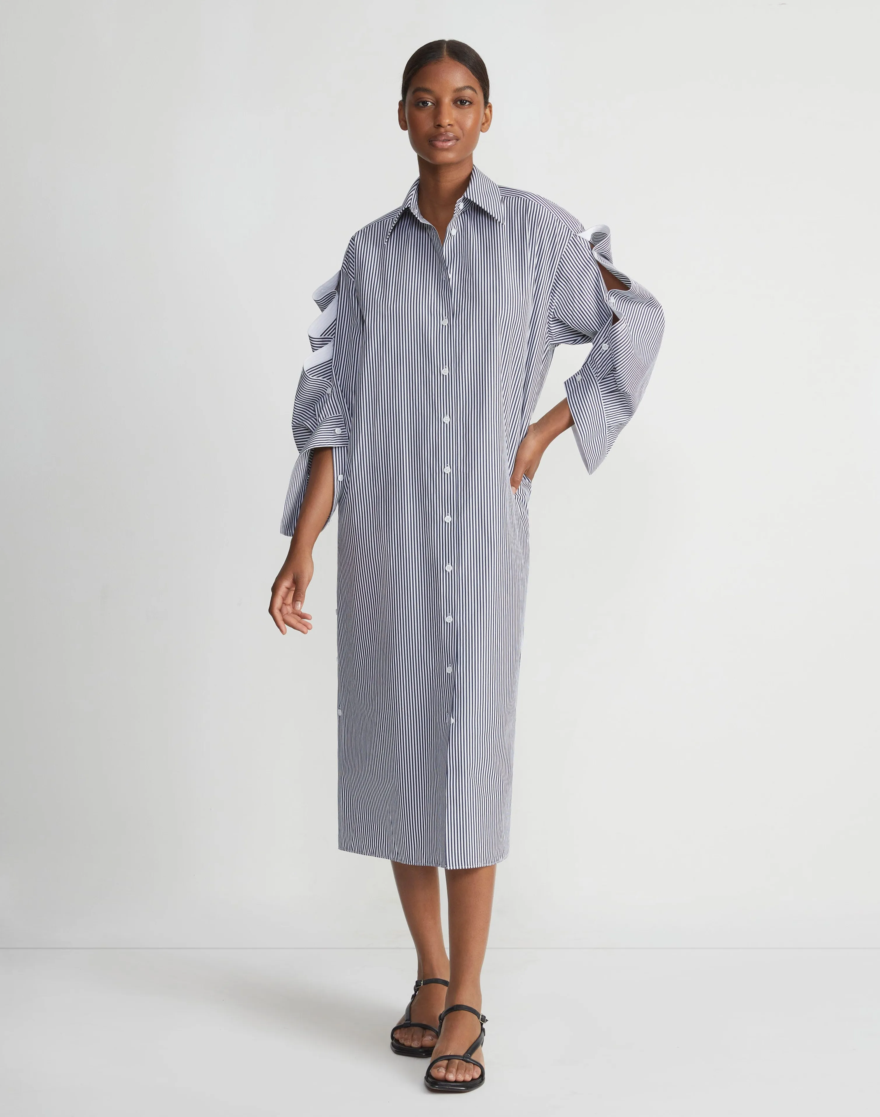 Stripe Cotton Poplin Button Sleeve Oversized Shirtdress