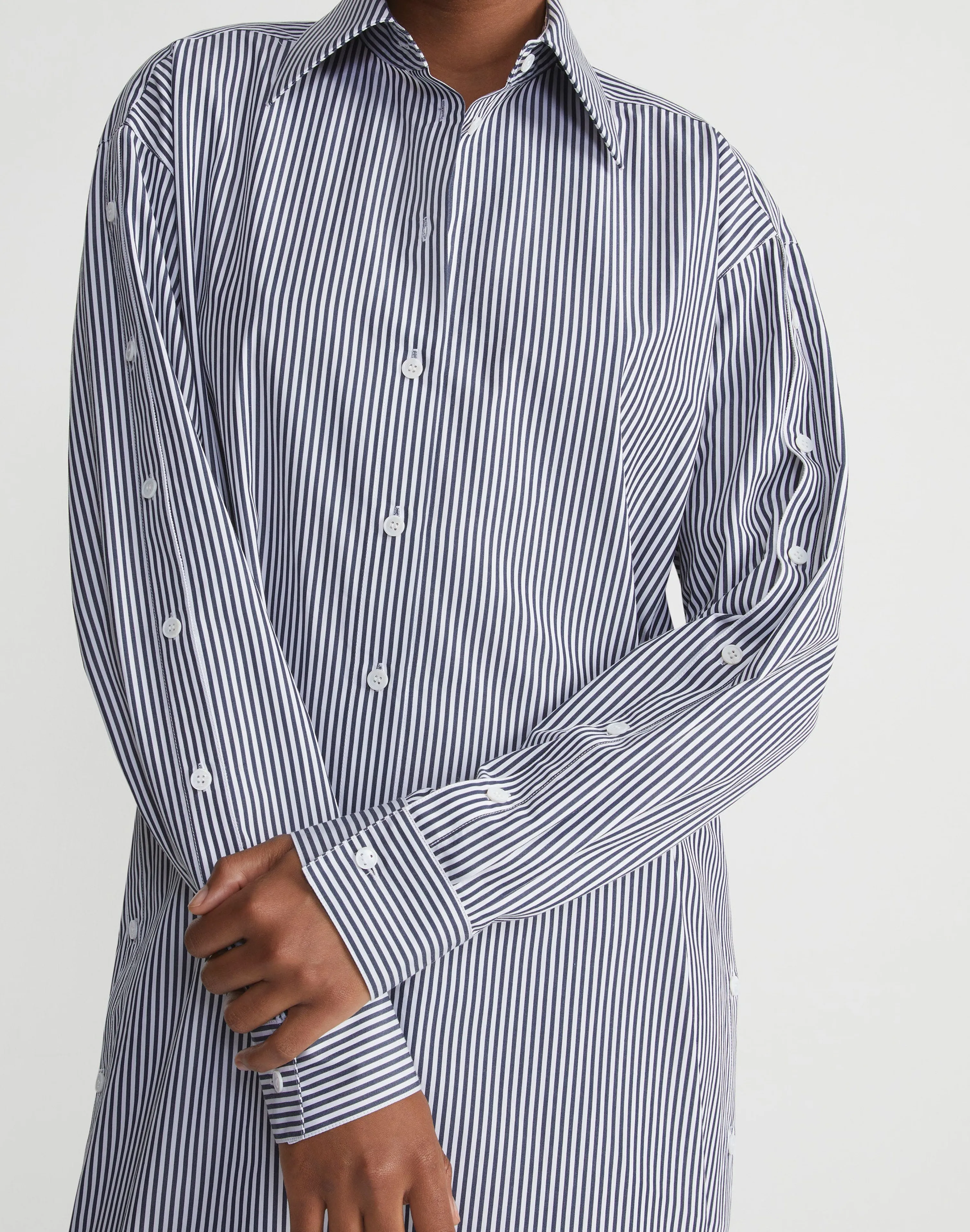 Stripe Cotton Poplin Button Sleeve Oversized Shirtdress