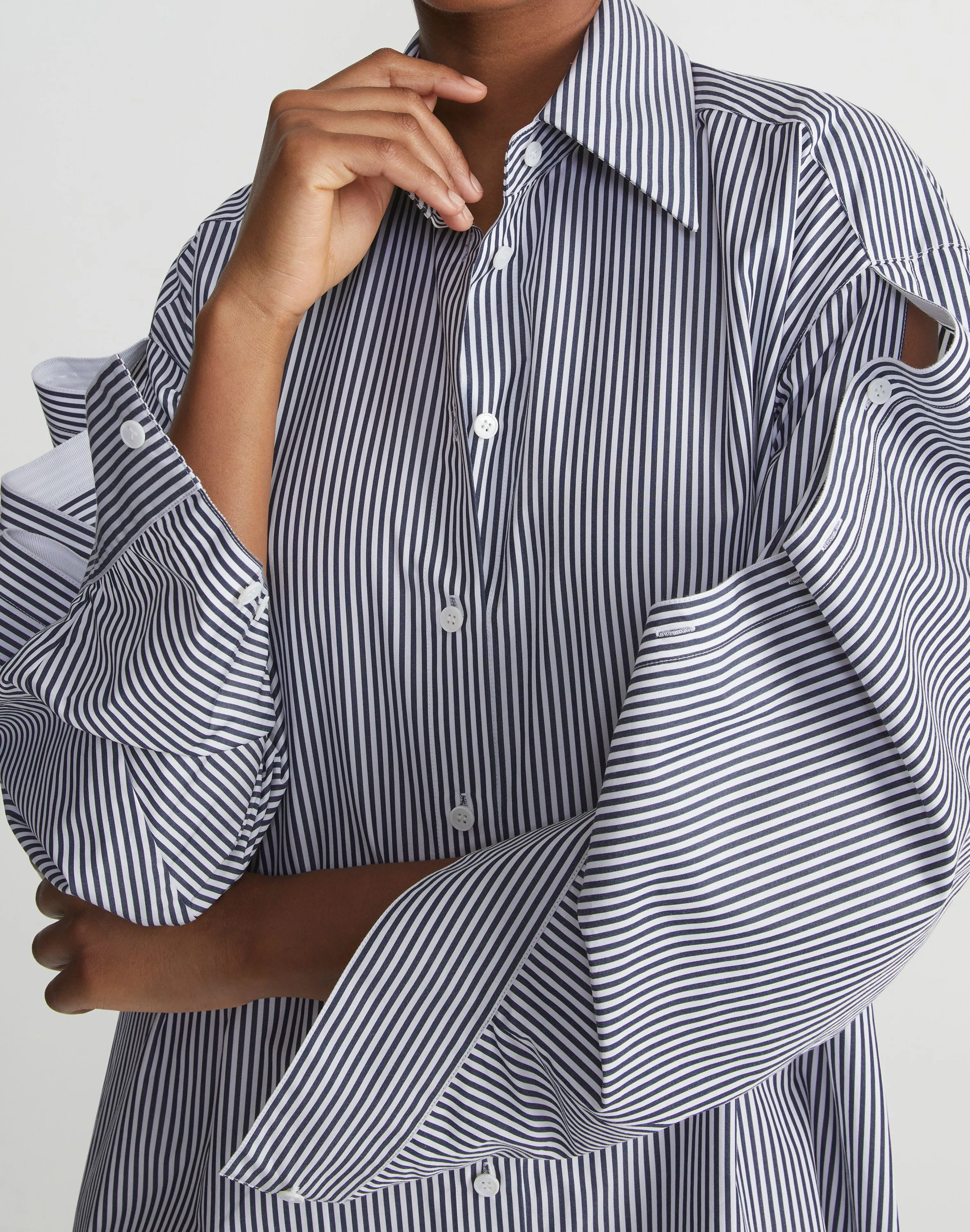 Stripe Cotton Poplin Button Sleeve Oversized Shirtdress