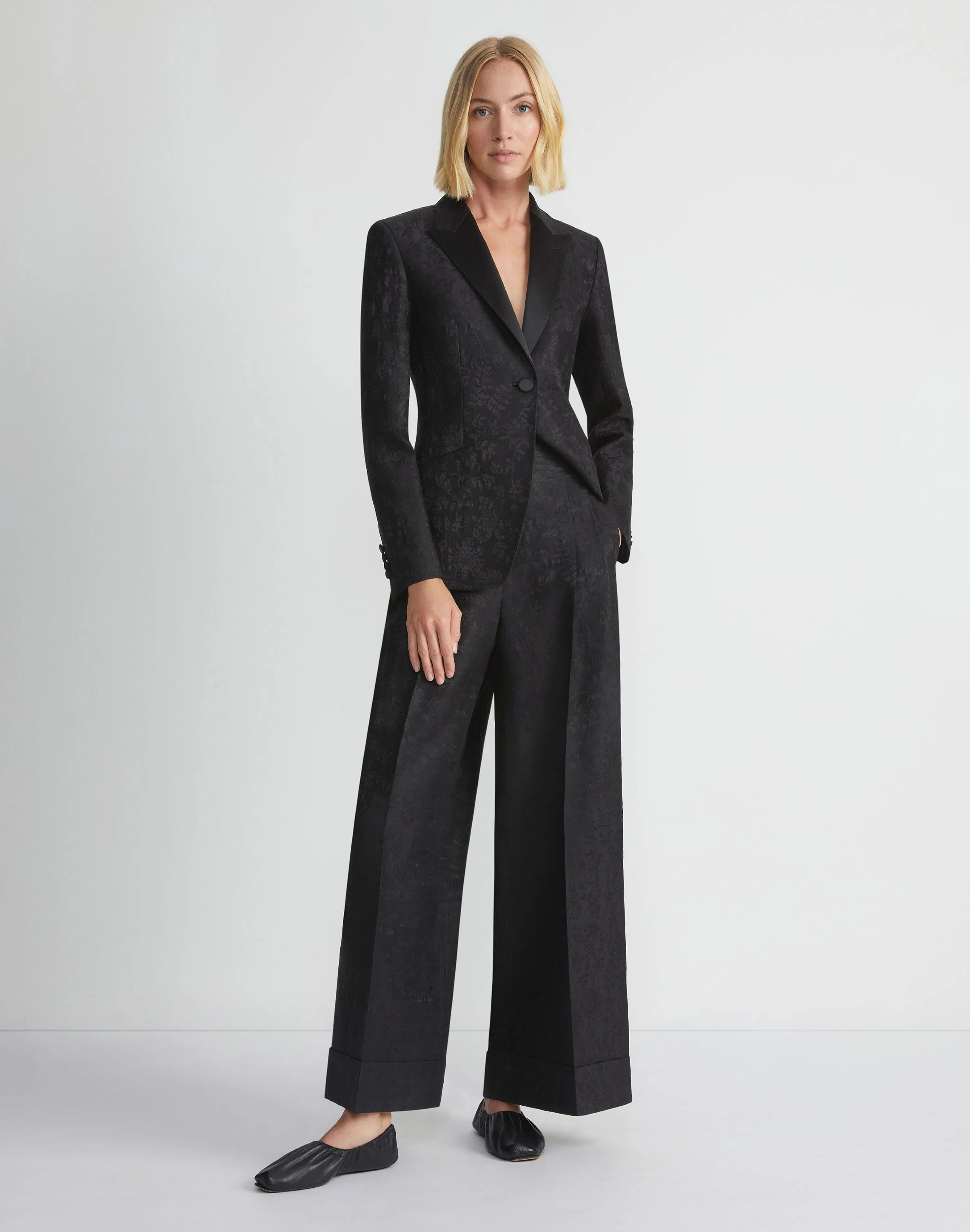 Flora Bloom Jacquard Wool-Silk Satin Lapel Blazer