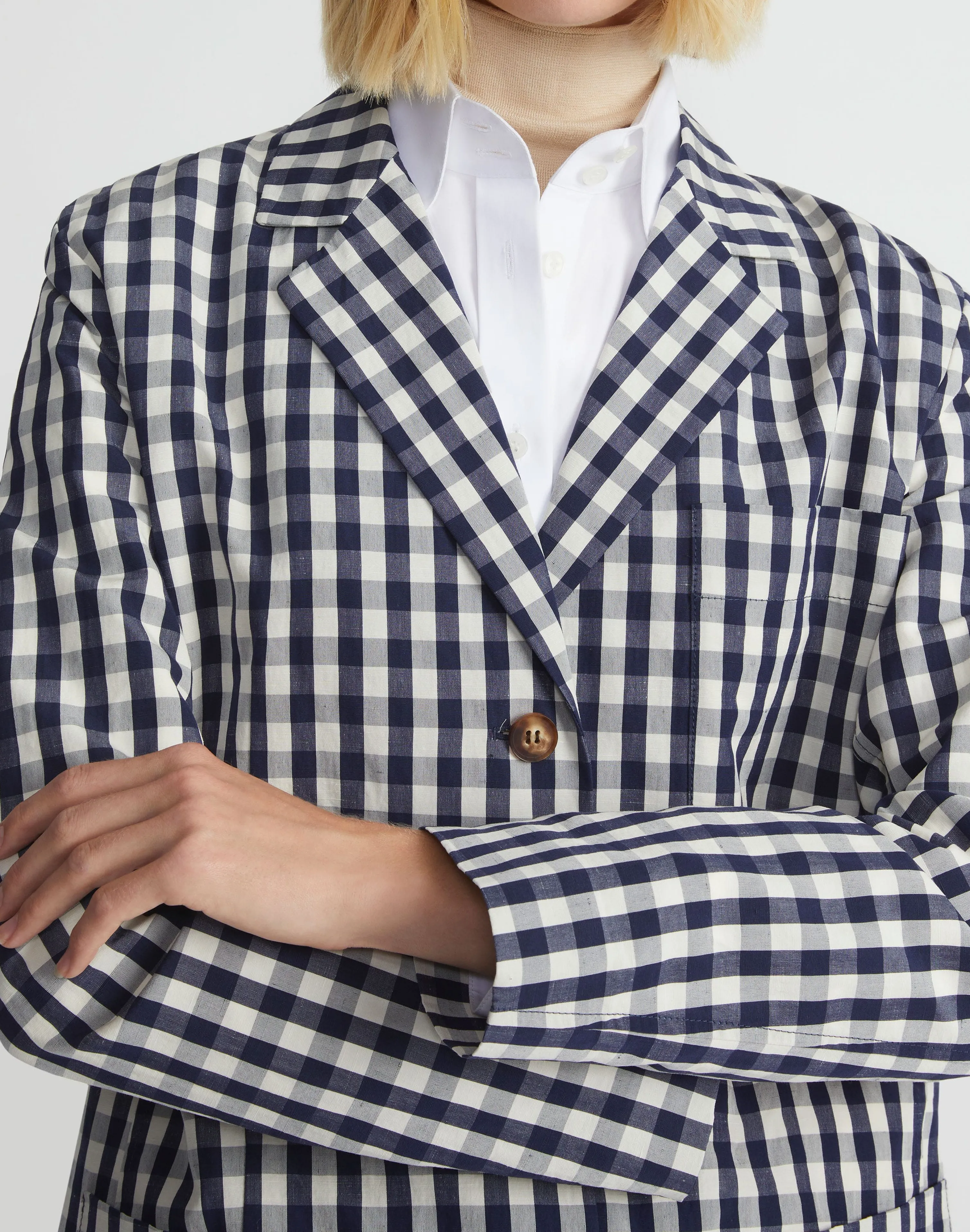 Gingham Crinkle Cotton-Linen Three Button Blazer
