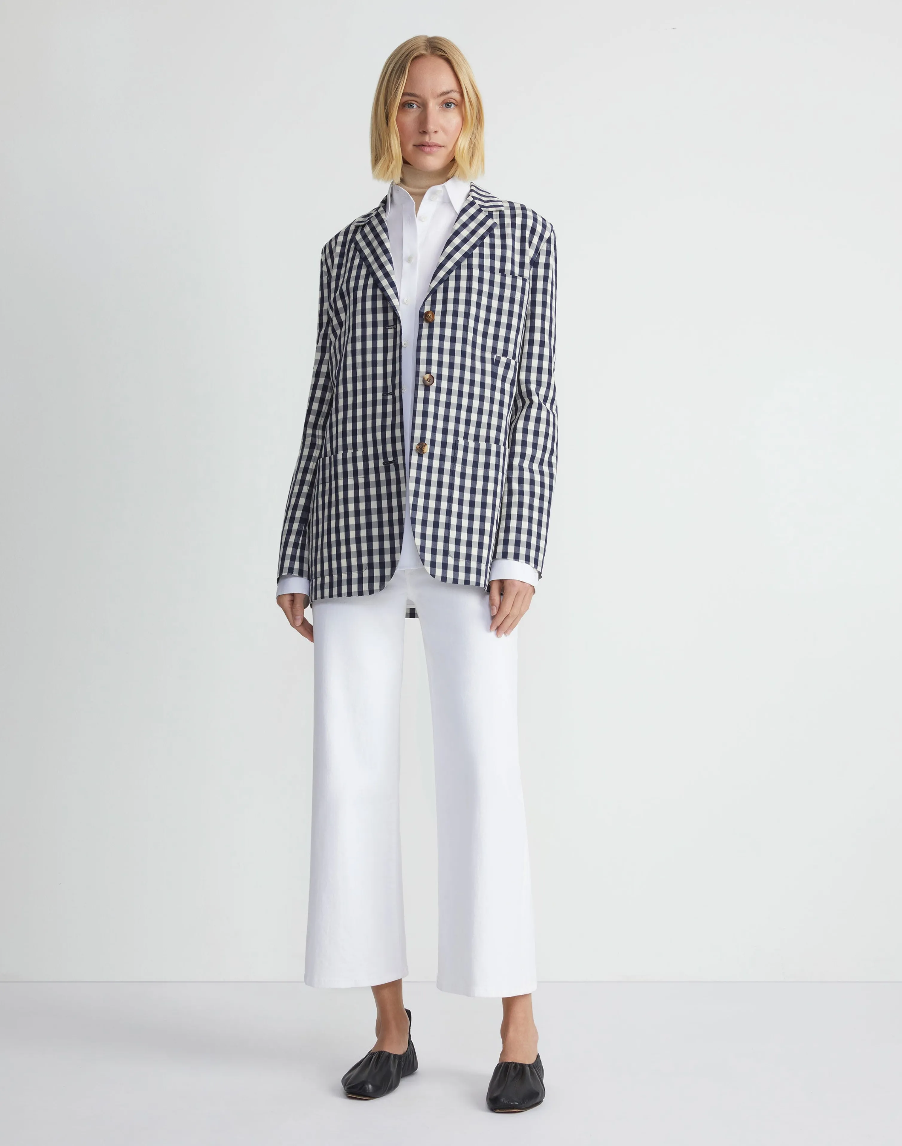 Gingham Crinkle Cotton-Linen Three Button Blazer