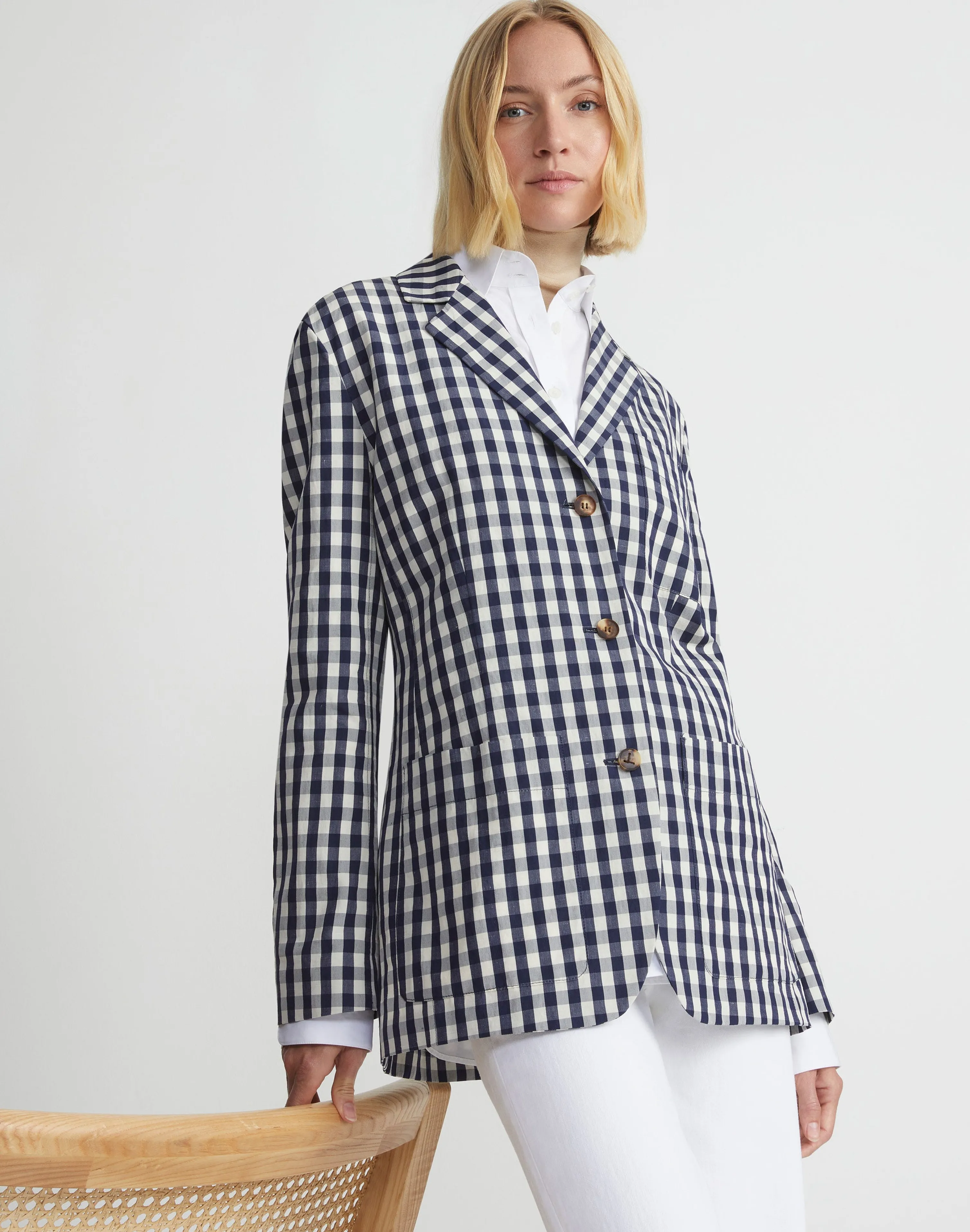 Gingham Crinkle Cotton-Linen Three Button Blazer