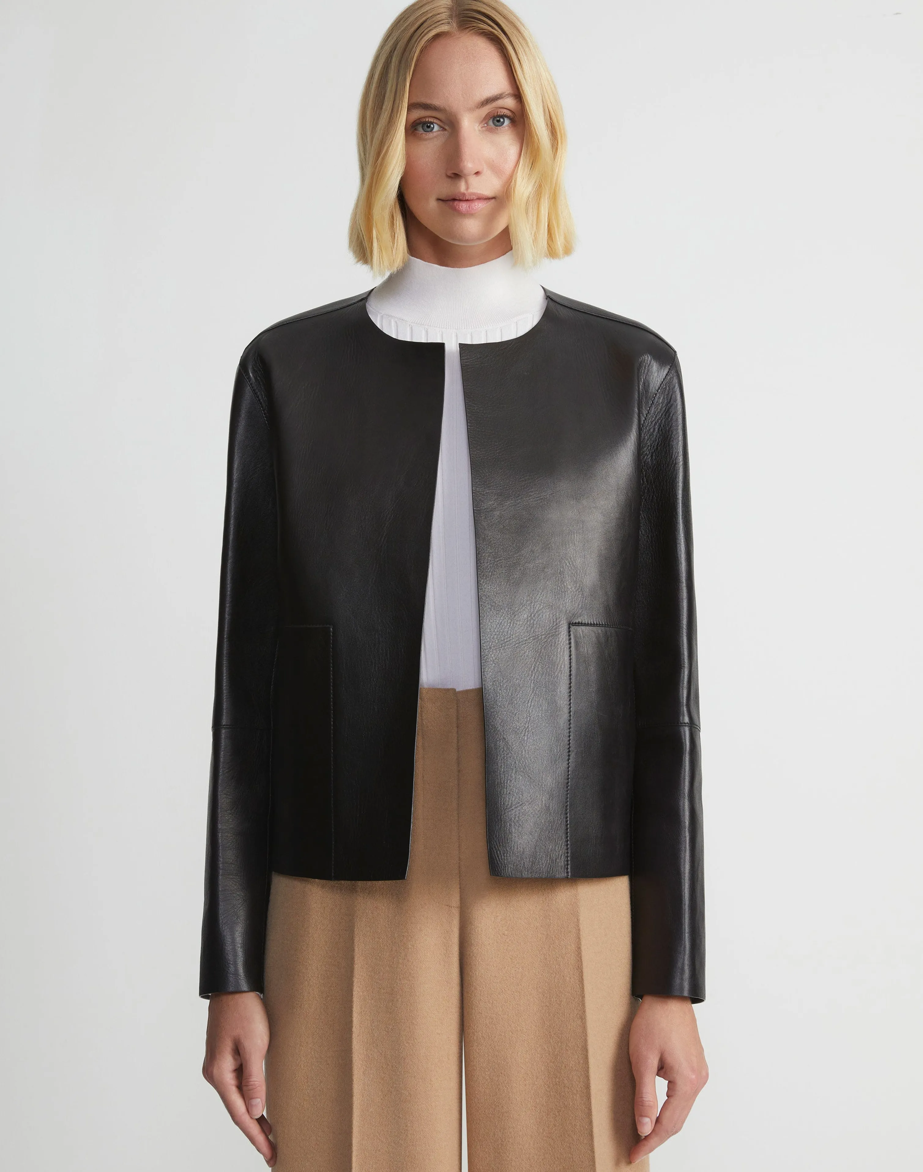 Nappa Leather Collarless Open Front Jacket