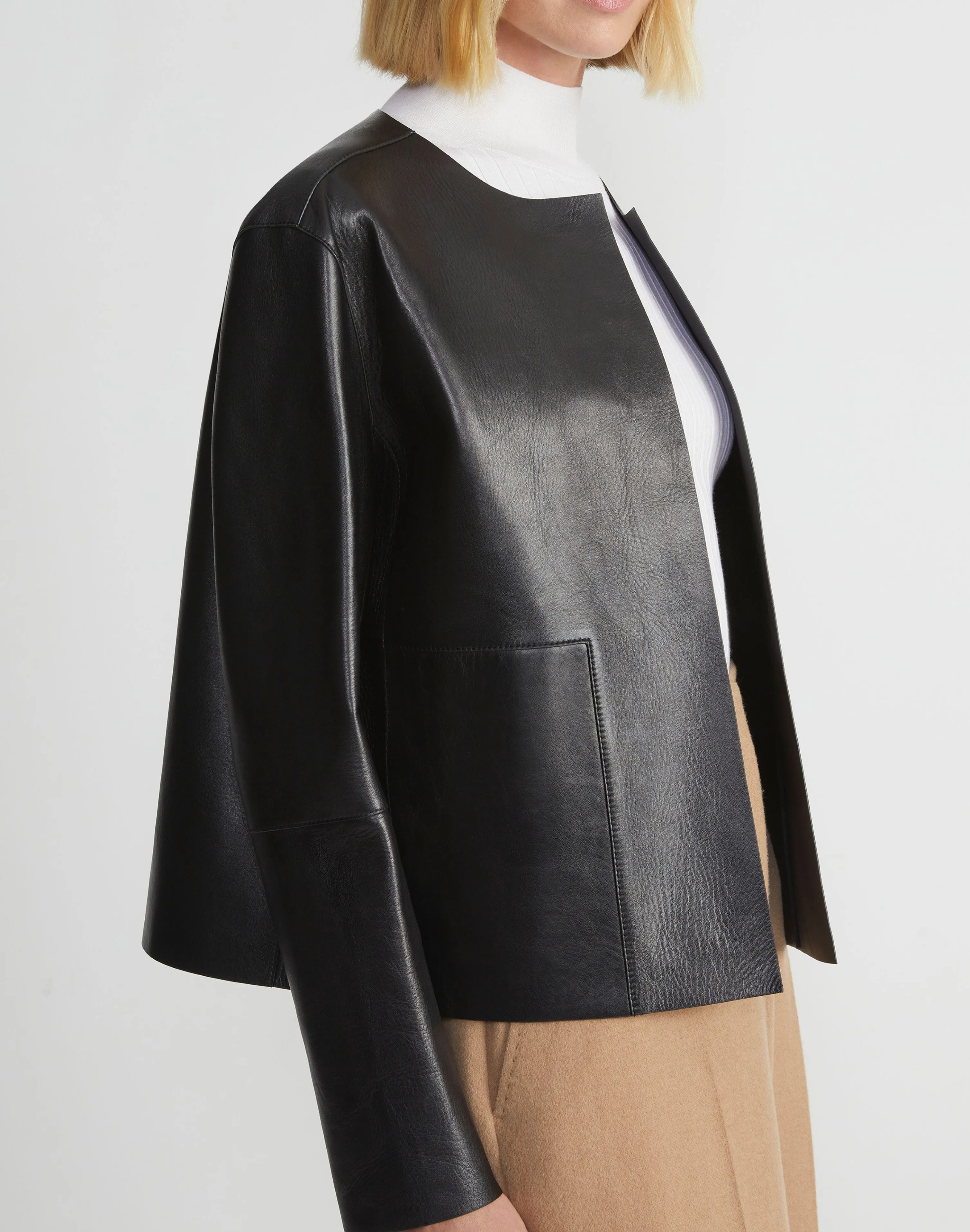 Nappa Leather Collarless Open Front Jacket