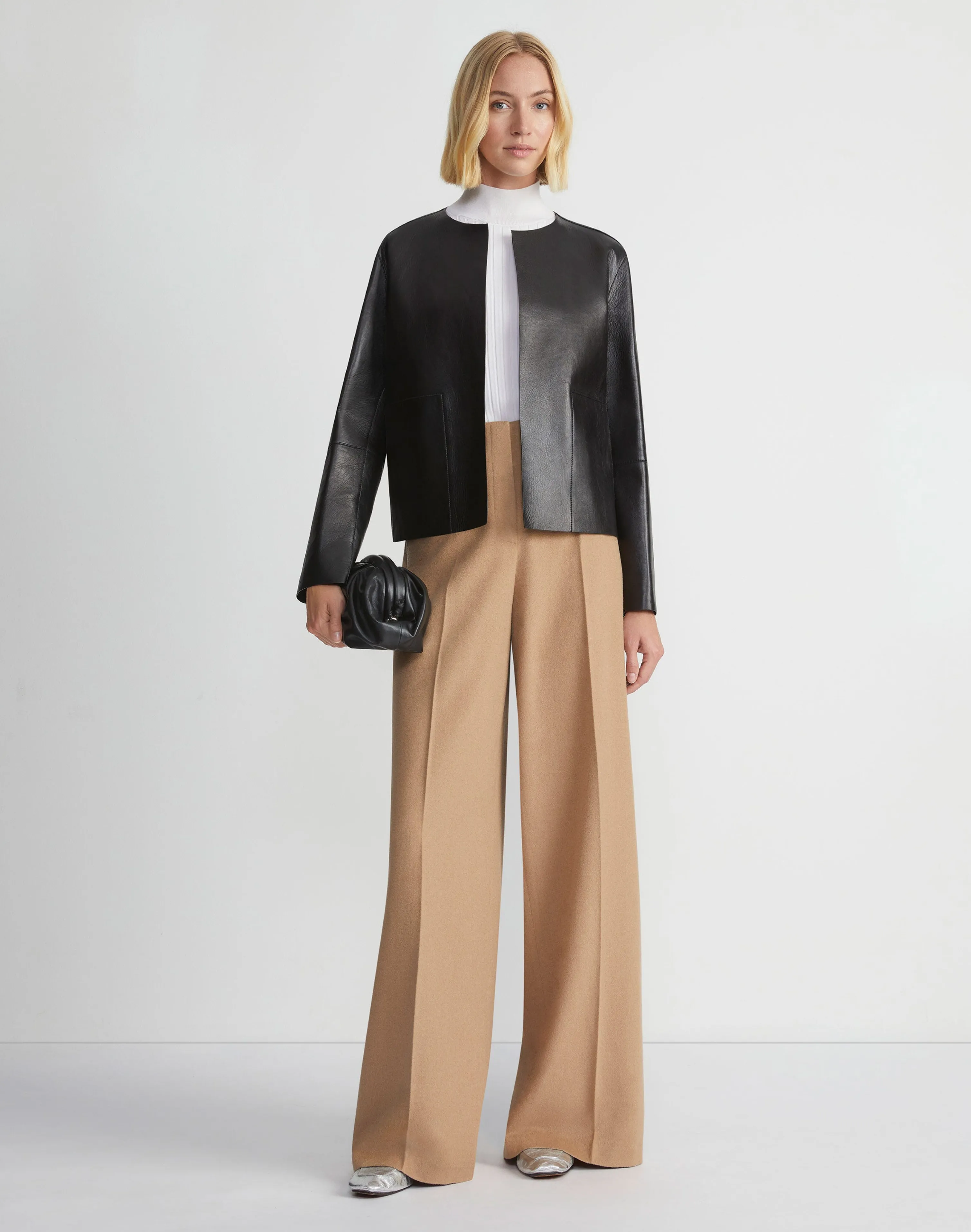 Nappa Leather Collarless Open Front Jacket