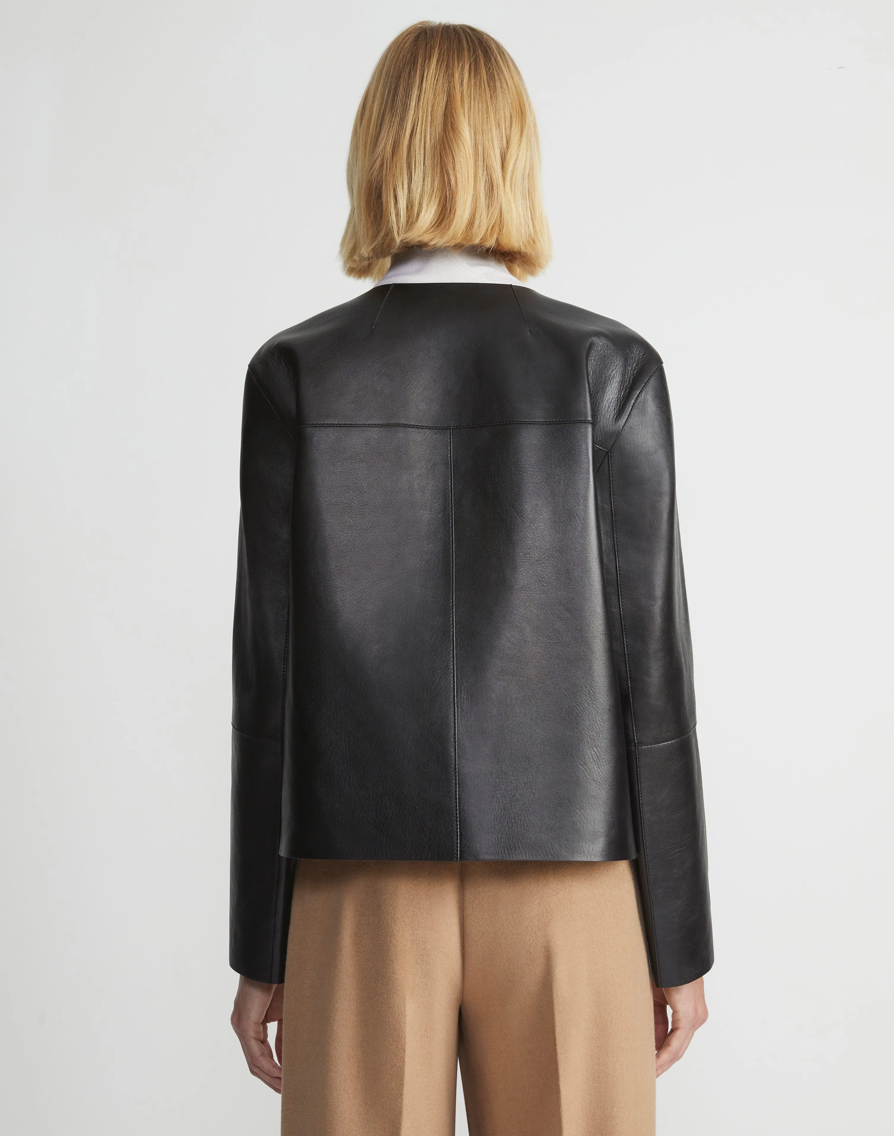 Nappa Leather Collarless Open Front Jacket