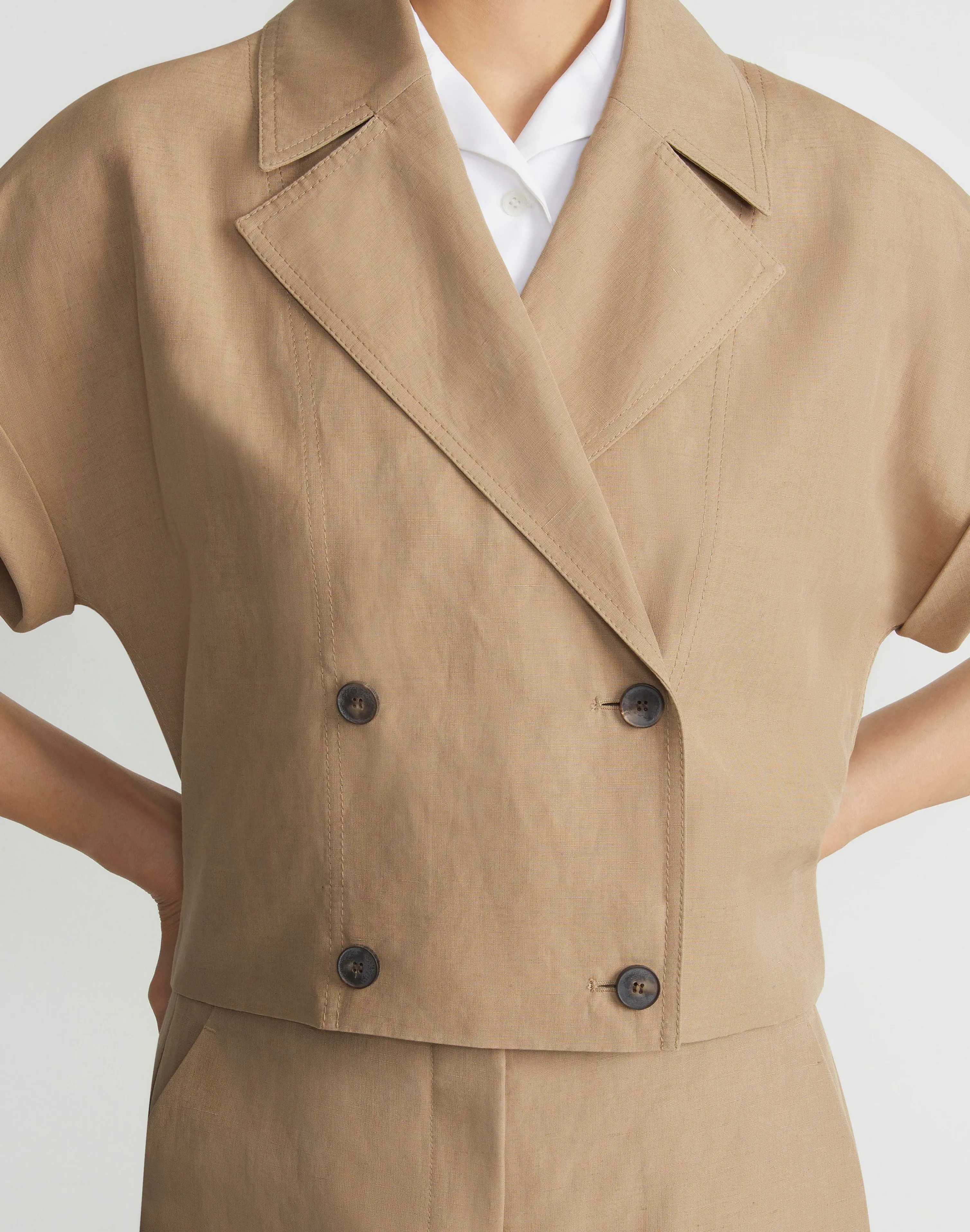 Silk-Linen Double Breasted Cropped Shirt Jacket