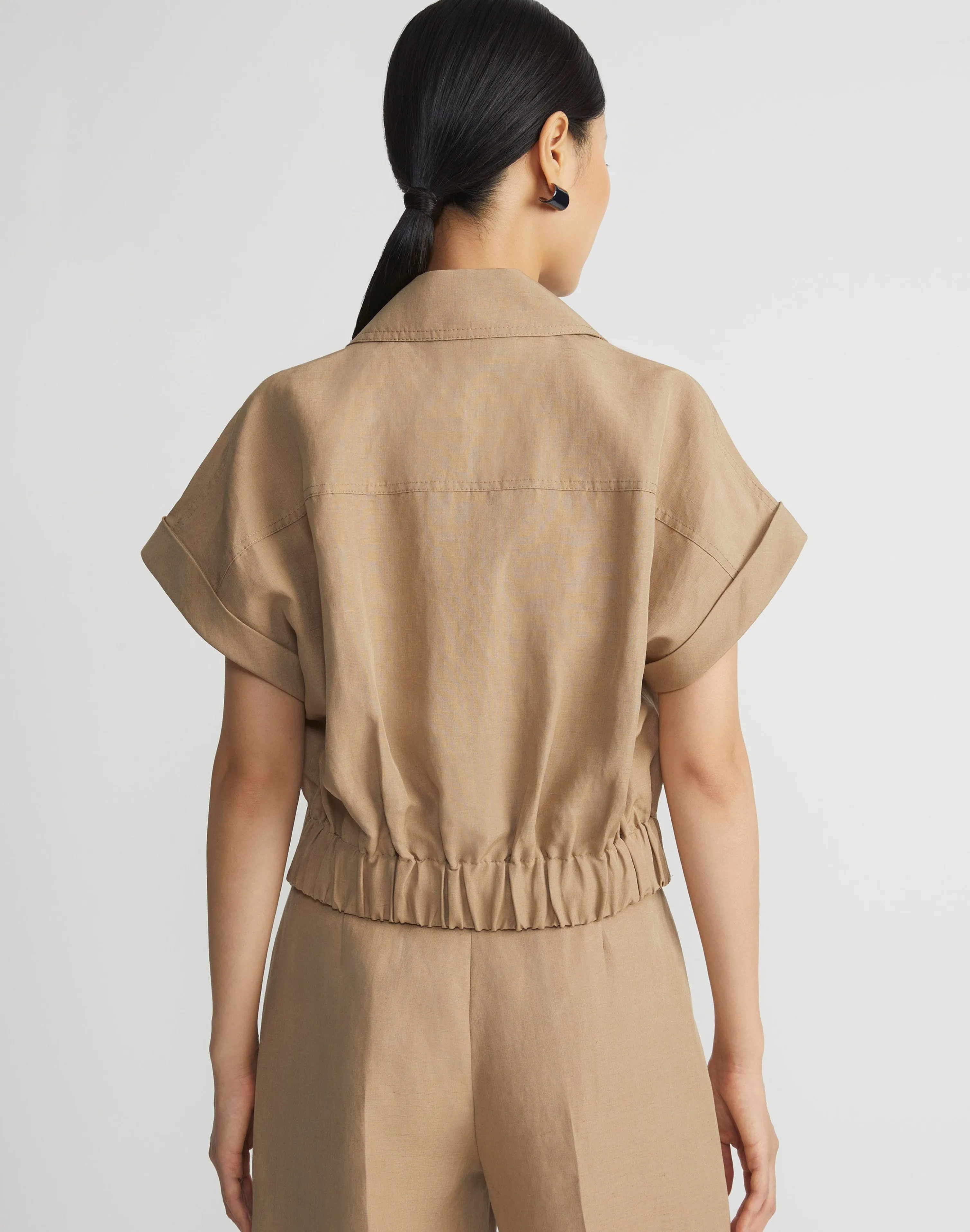 Silk-Linen Double Breasted Cropped Shirt Jacket