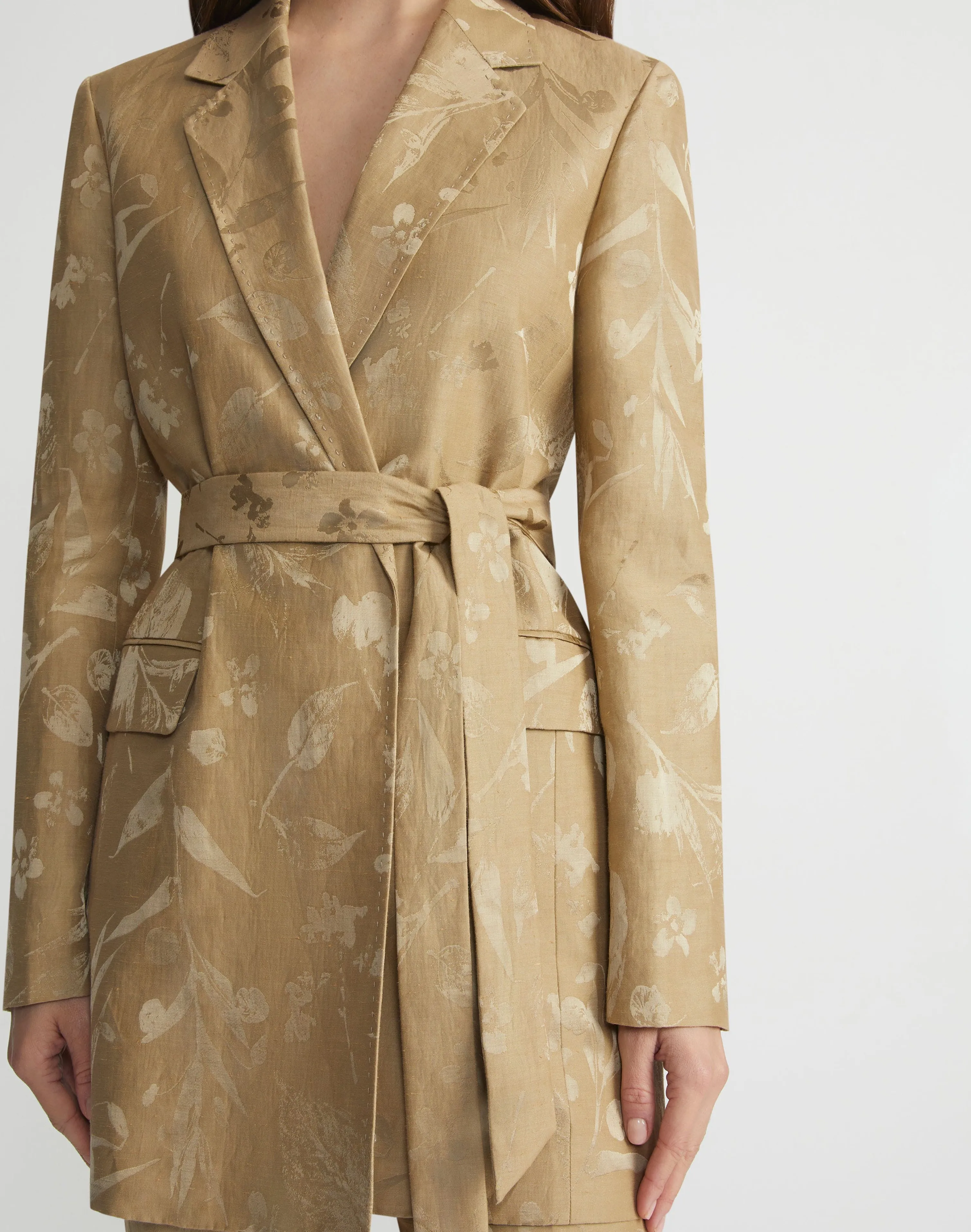Eco Flora Jacquard Linen-Viscose Belted Blazer
