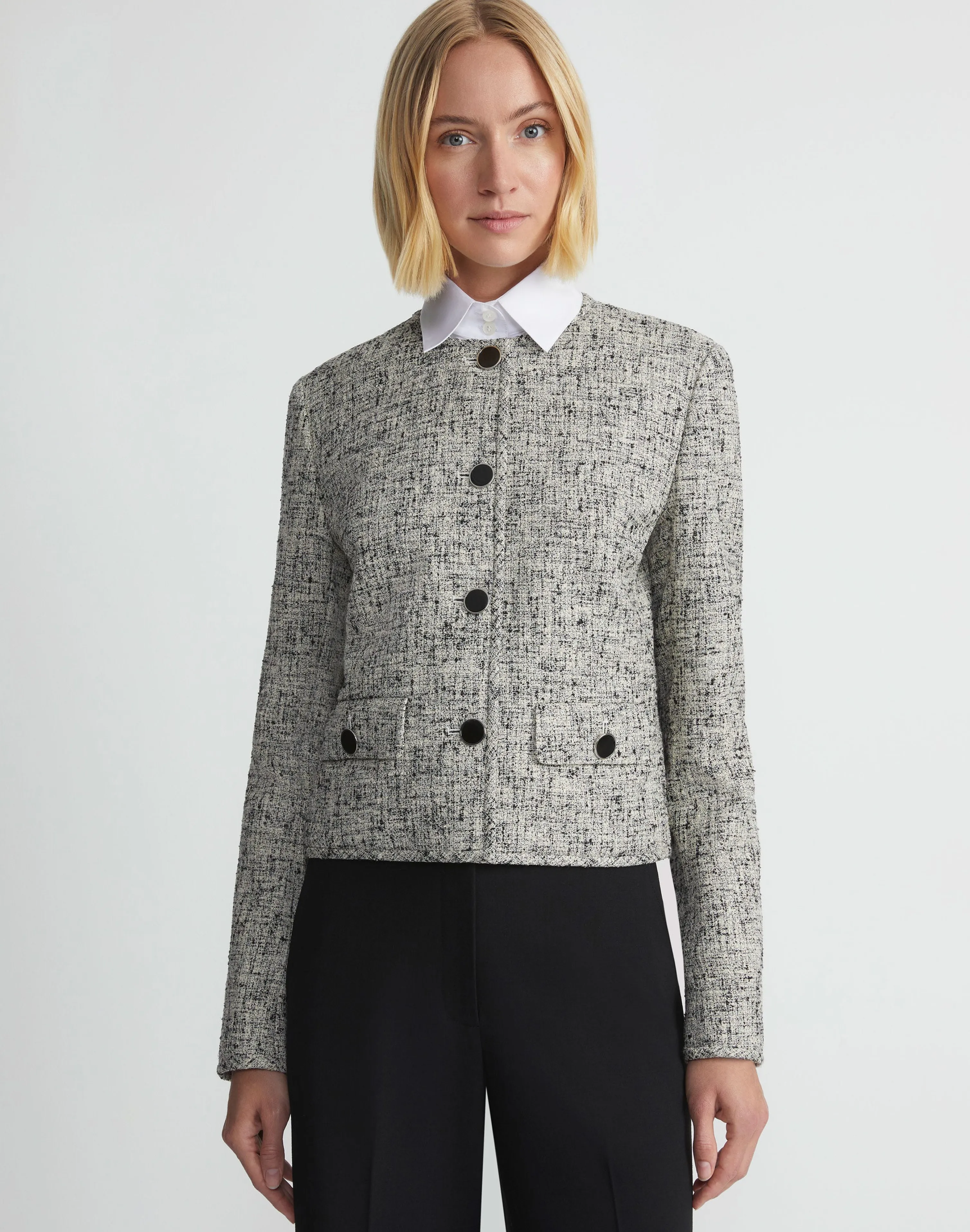 Linen-Cotton Bouclé Tweed Collarless Buttoned Jacket