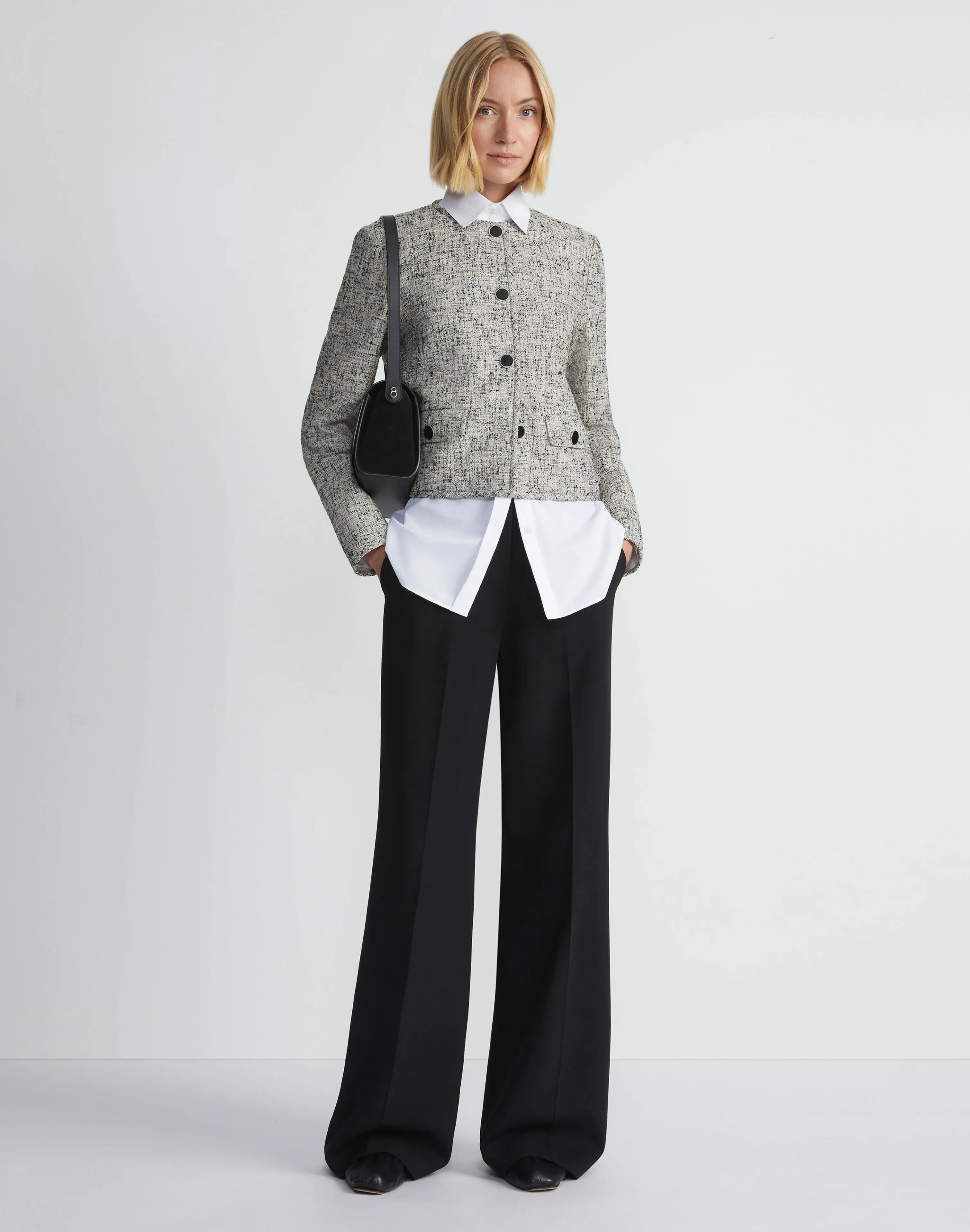 Linen-Cotton Bouclé Tweed Collarless Buttoned Jacket