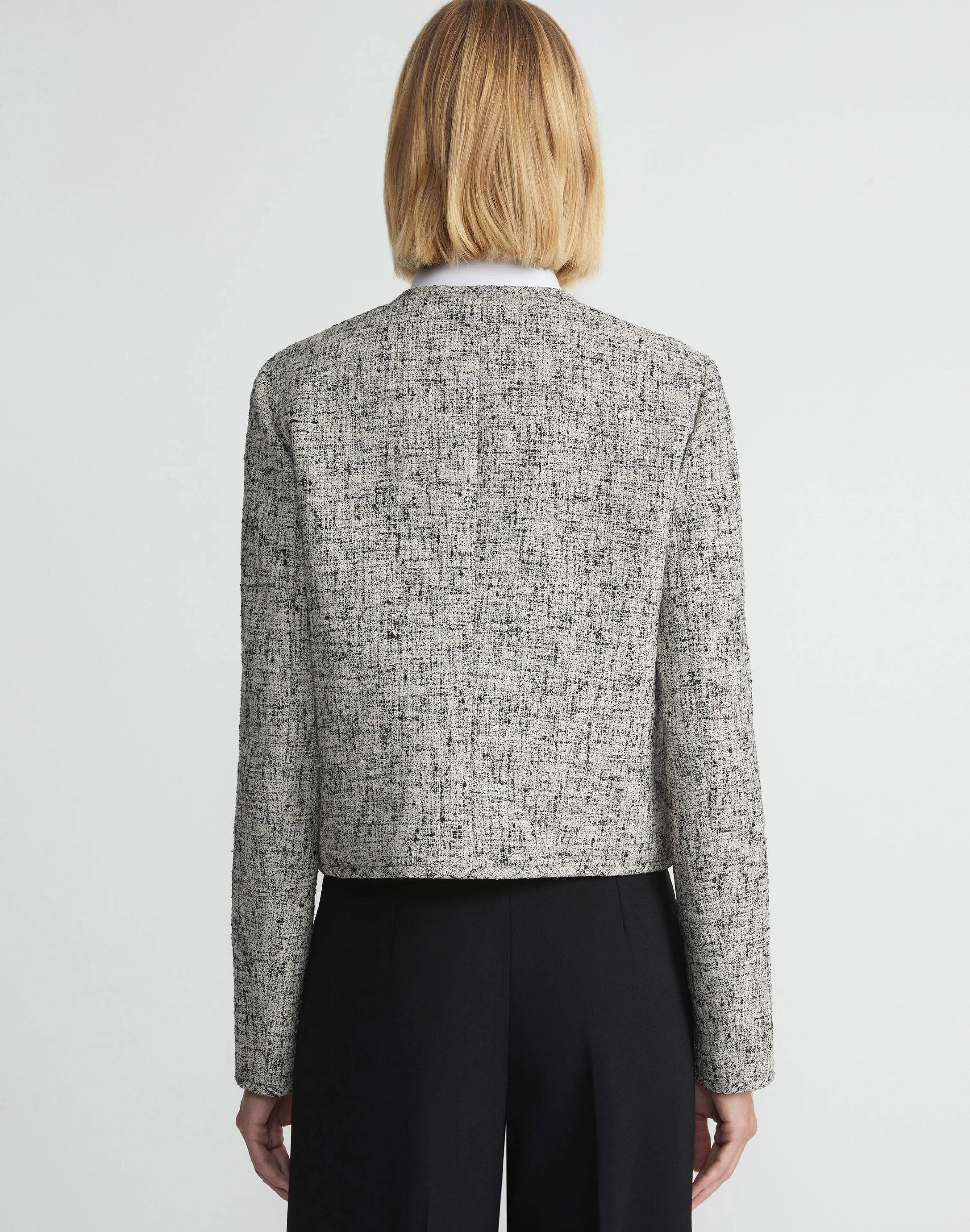 Linen-Cotton Bouclé Tweed Collarless Buttoned Jacket