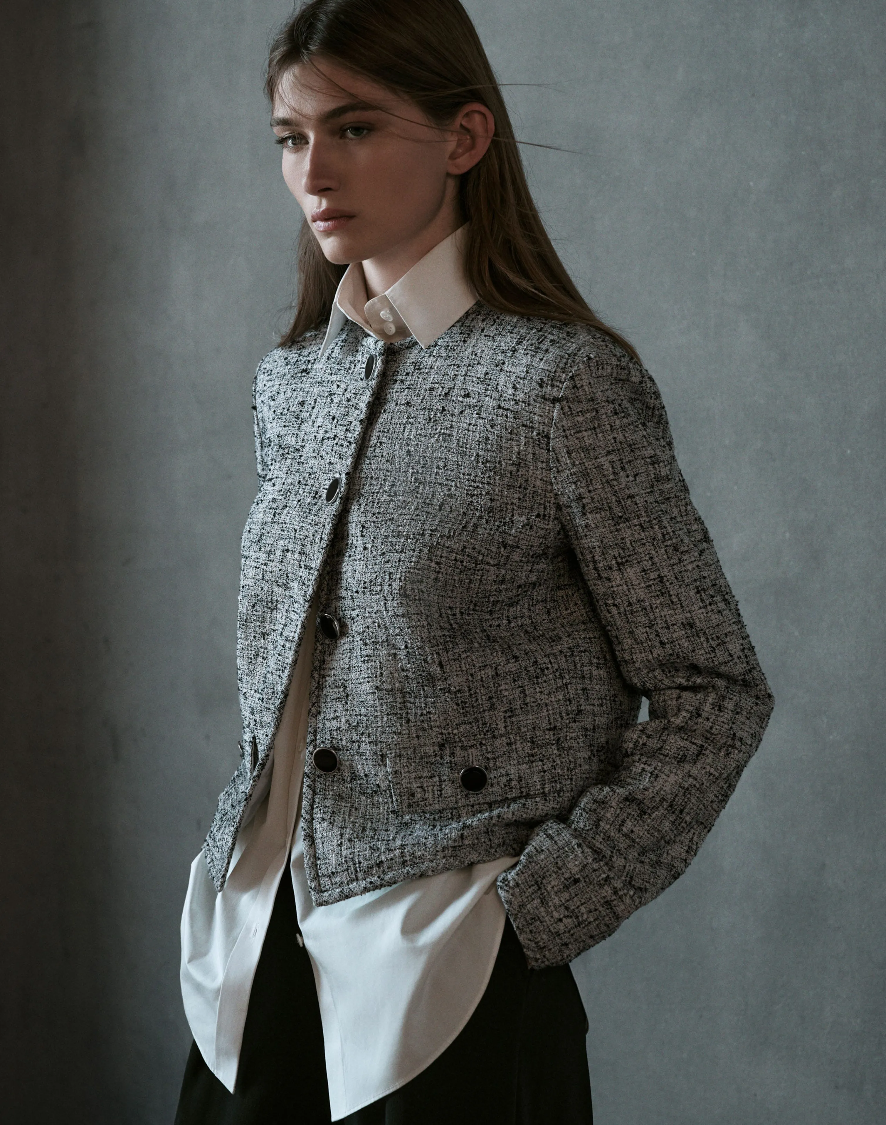 Linen-Cotton Bouclé Tweed Collarless Buttoned Jacket