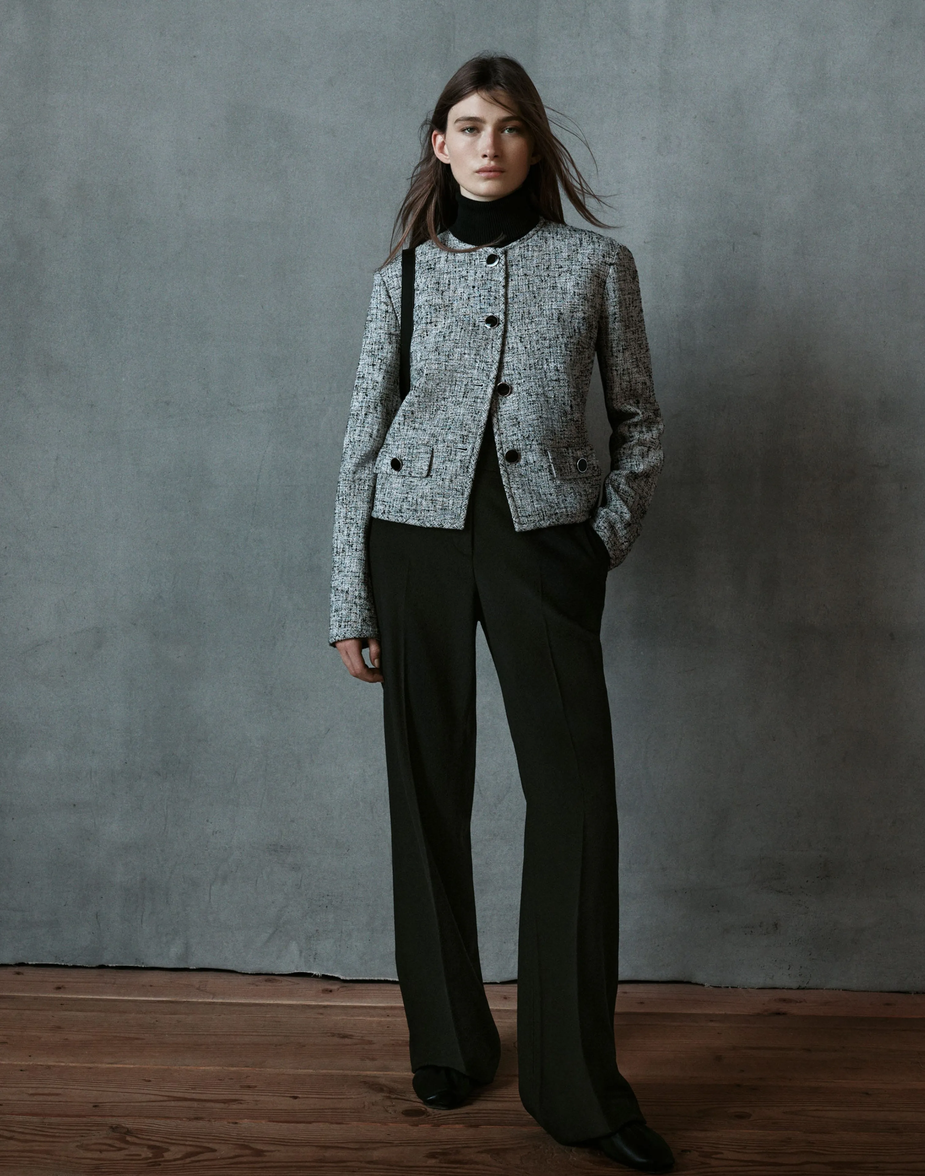 Linen-Cotton Bouclé Tweed Collarless Buttoned Jacket